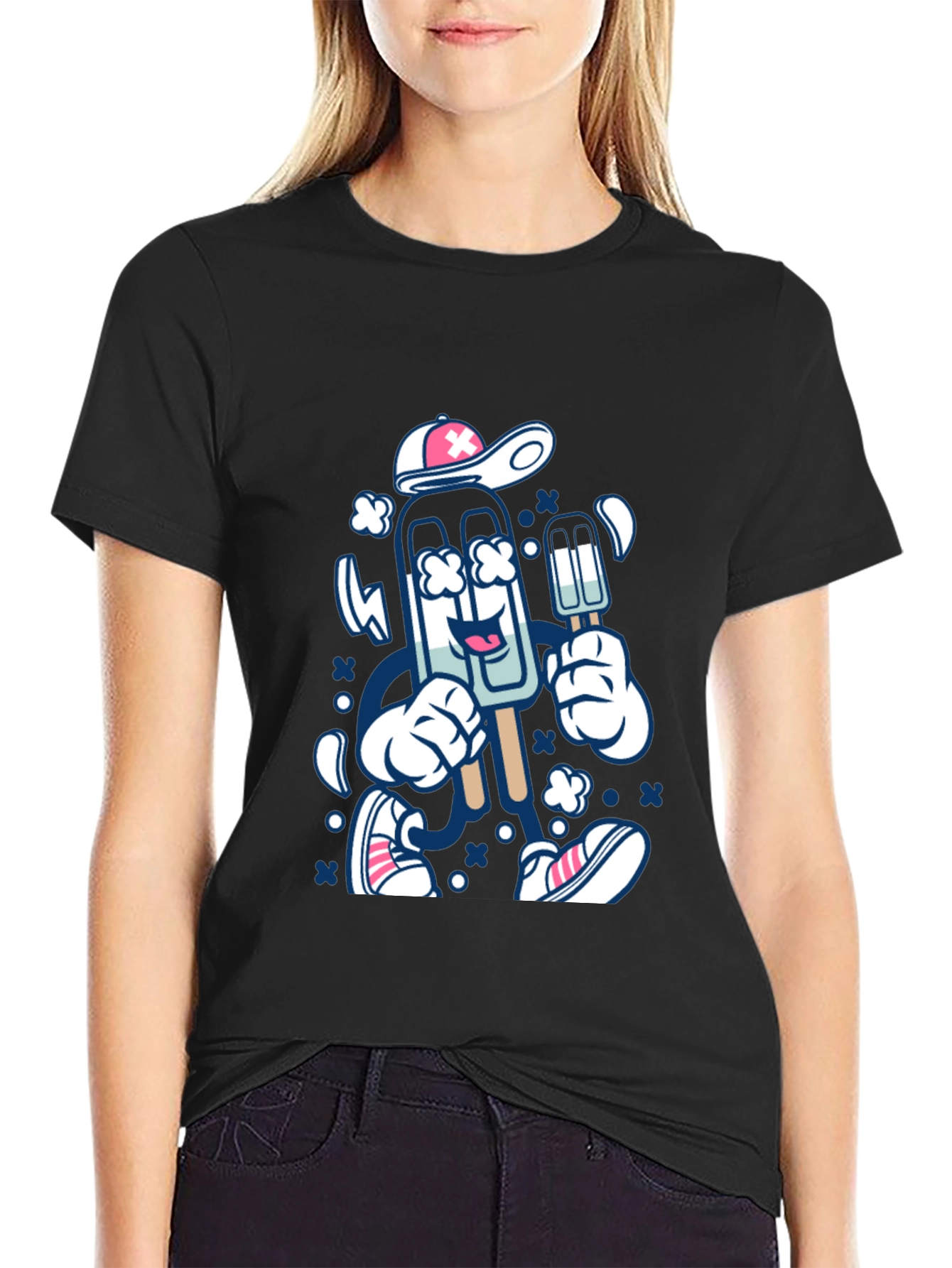 Ice Cream Cartoon Graphic Tee - Black