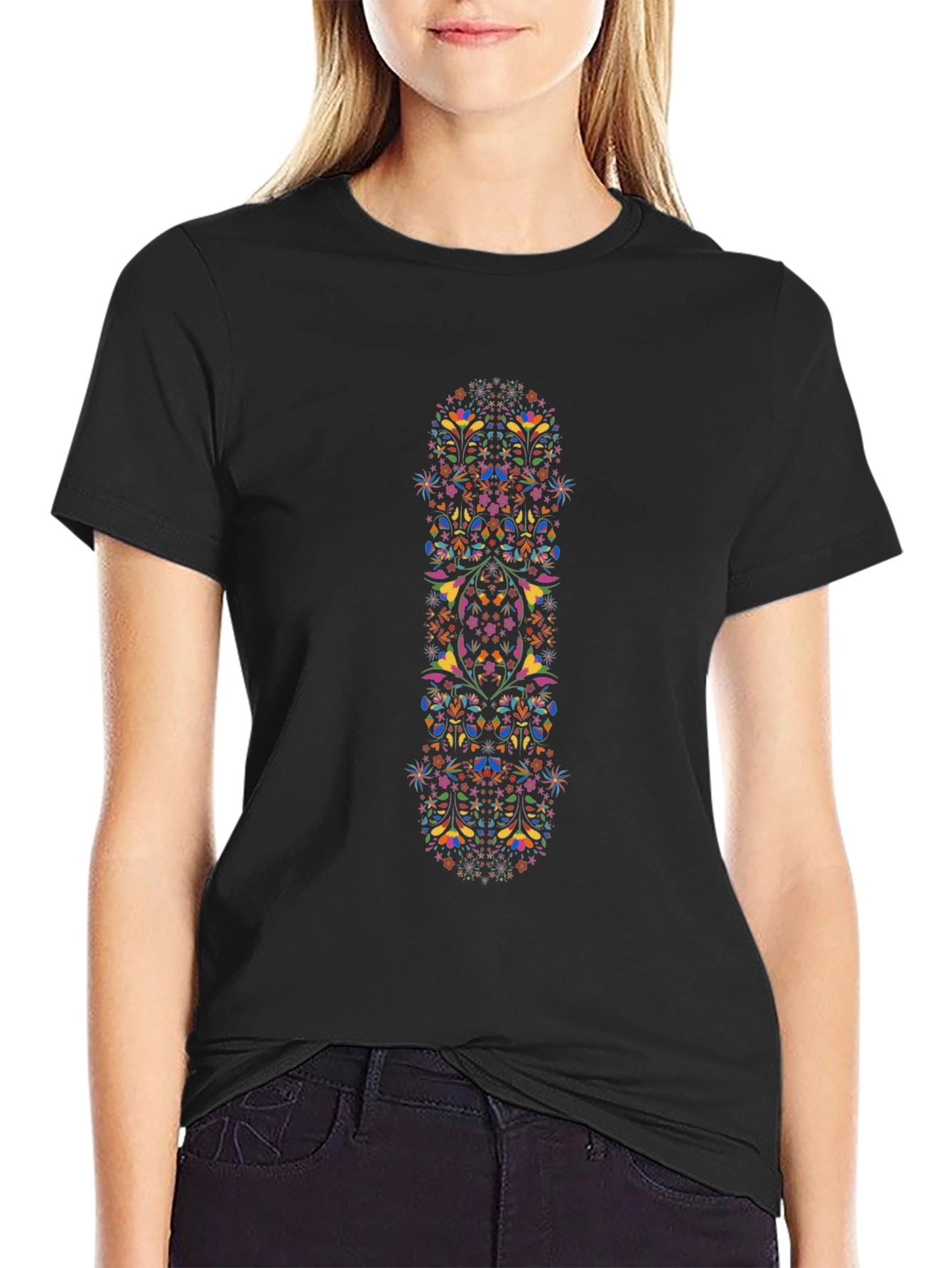 Boho Floral Print Black T-Shirt