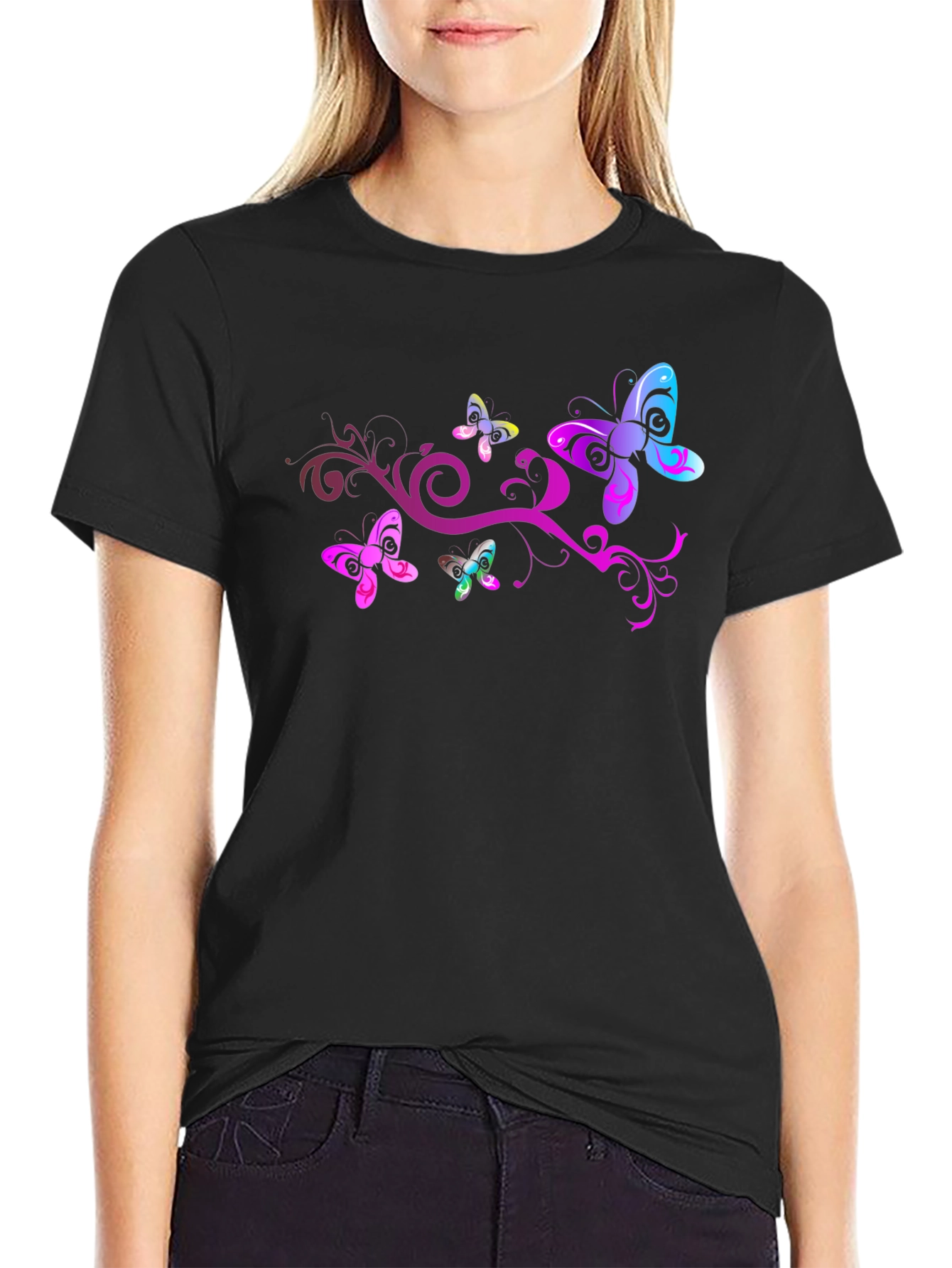 Butterfly Swirl Graphic Black T-Shirt