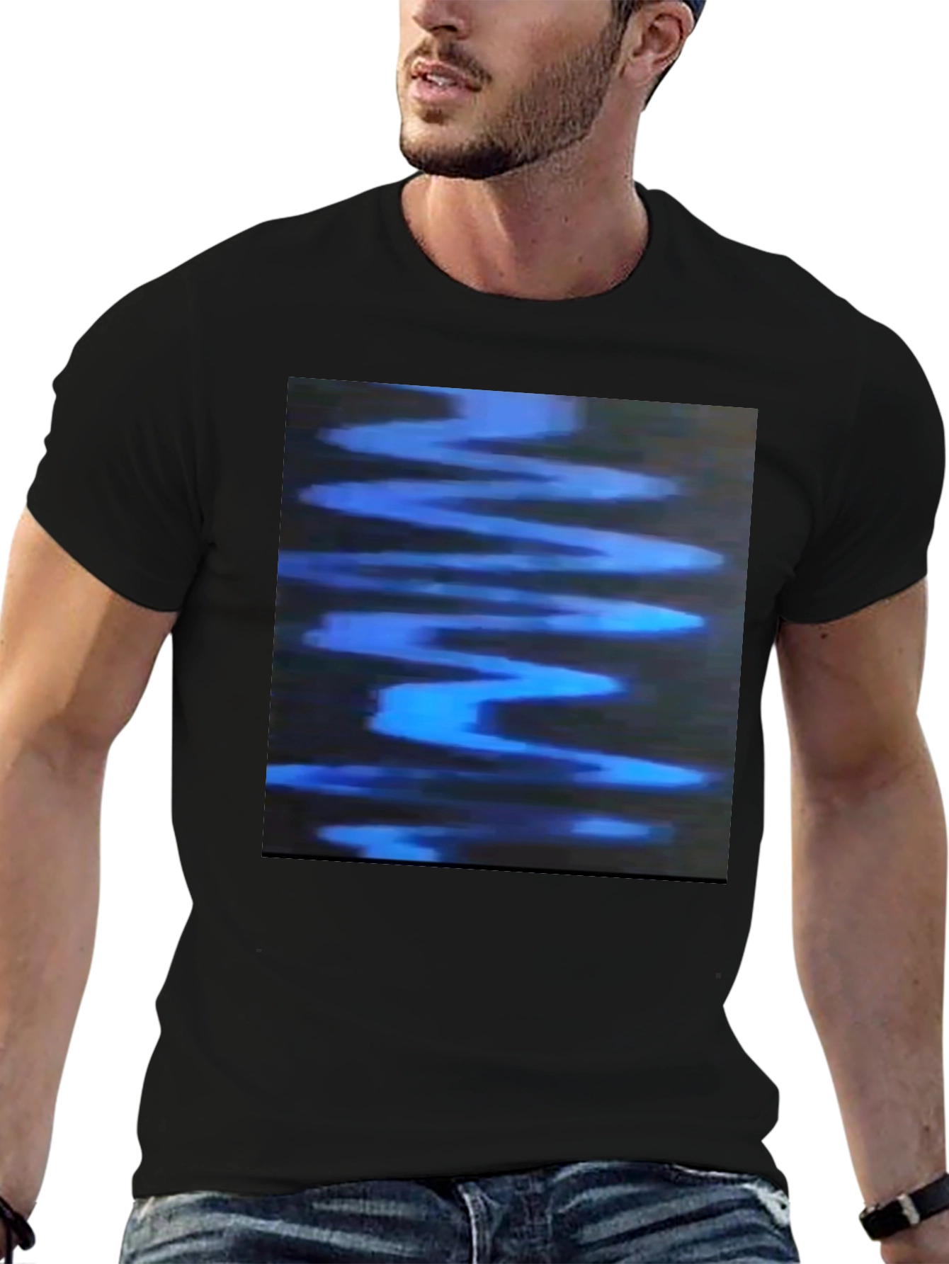Abstract Blue Wave Graphic Black T-Shirt