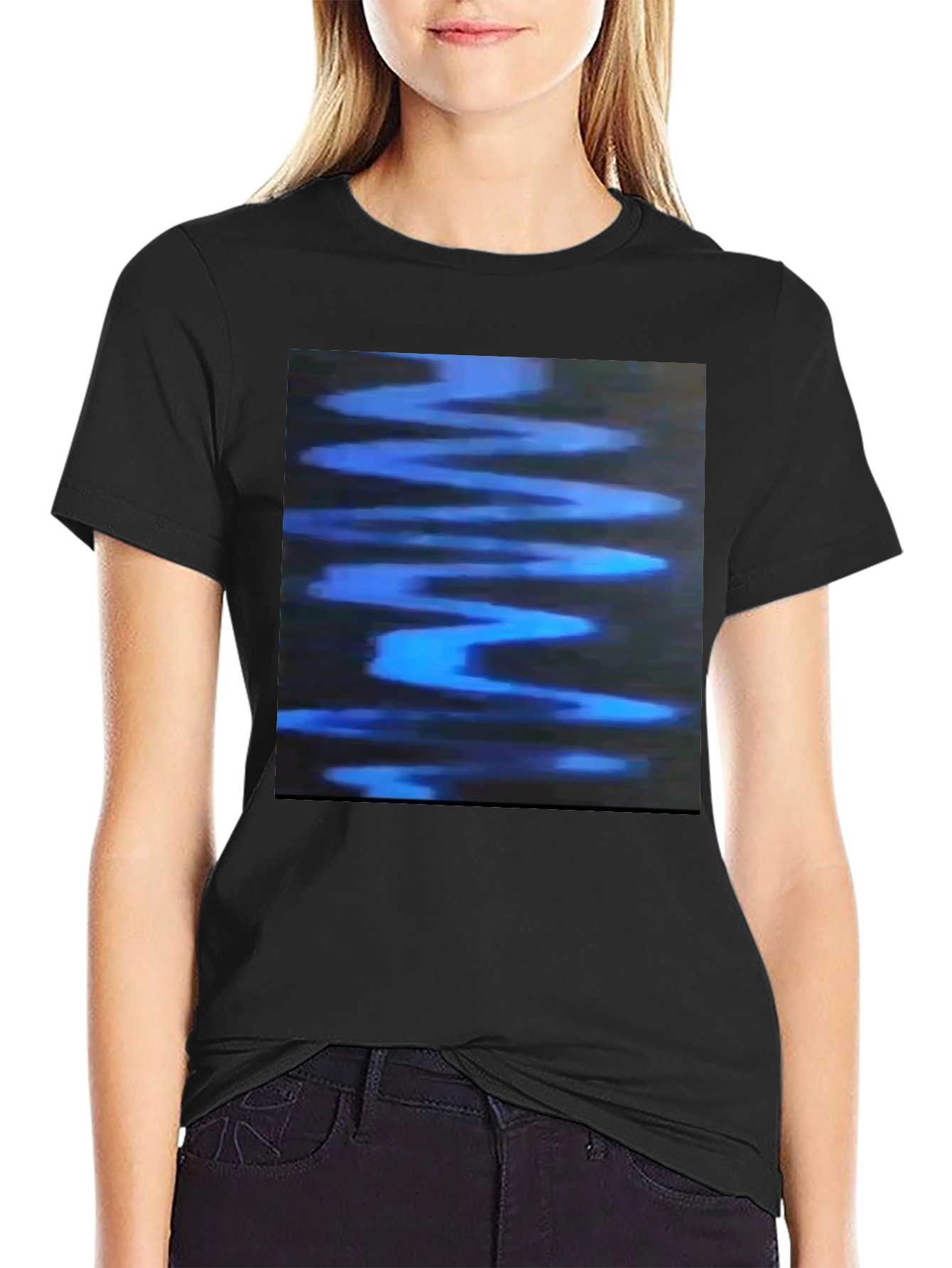 Abstract Blue Wave Graphic Black T-Shirt