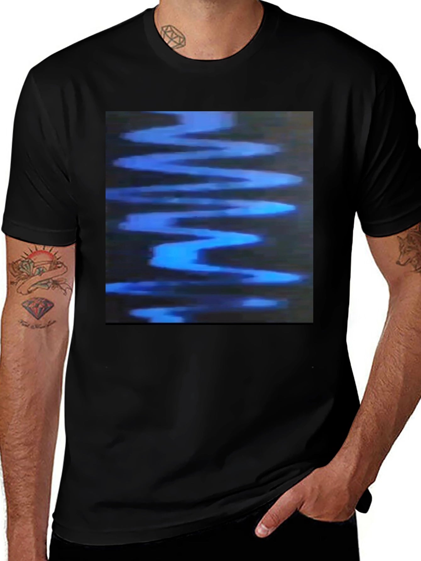 Abstract Blue Wave Graphic Black T-Shirt