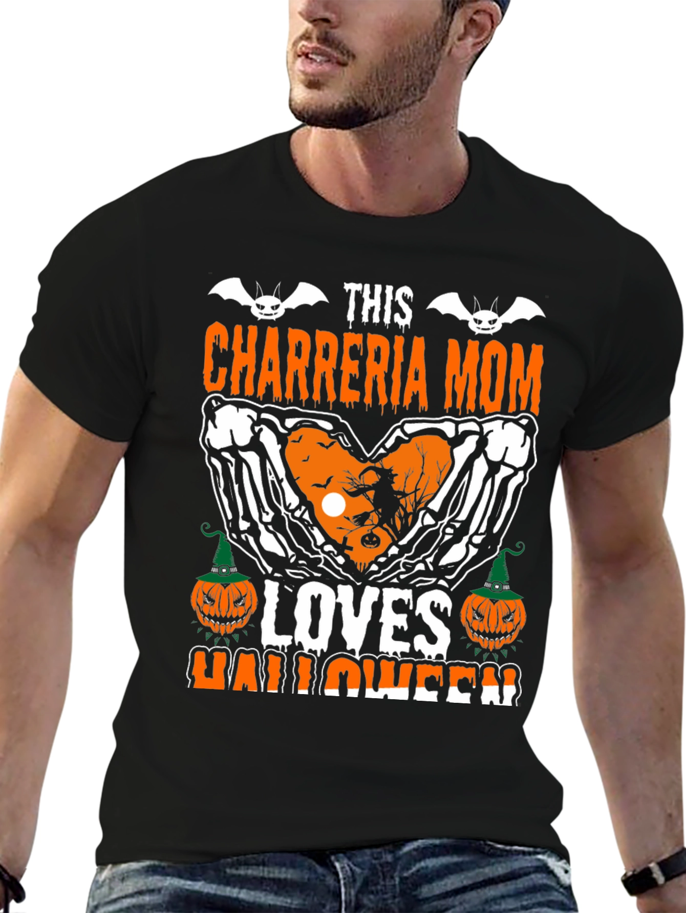 Chareria Mom Halloween T-Shirt Skeleton Hands & Pumpkins Design