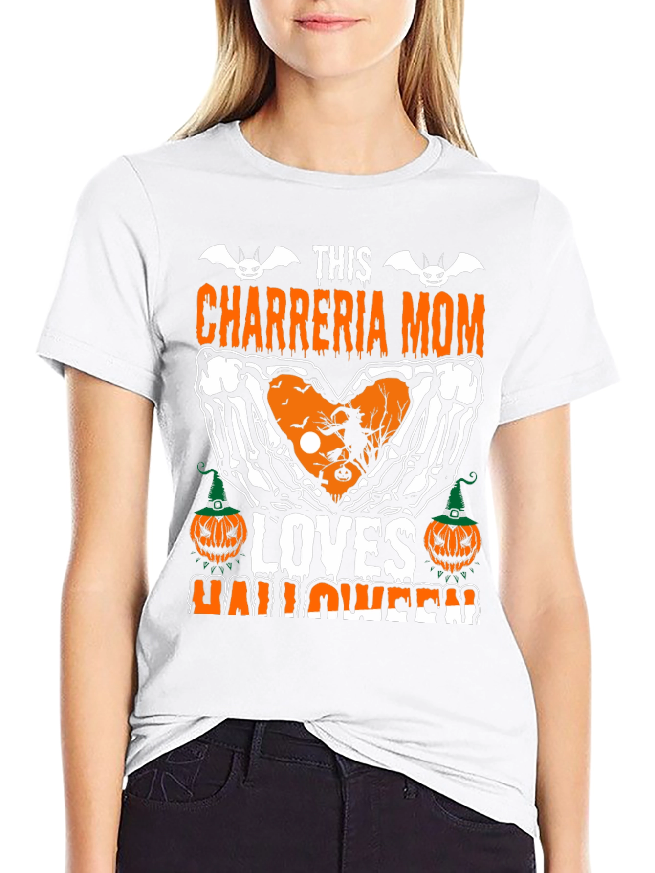 Chareria Mom Halloween T-Shirt Skeleton Hands & Pumpkins Design