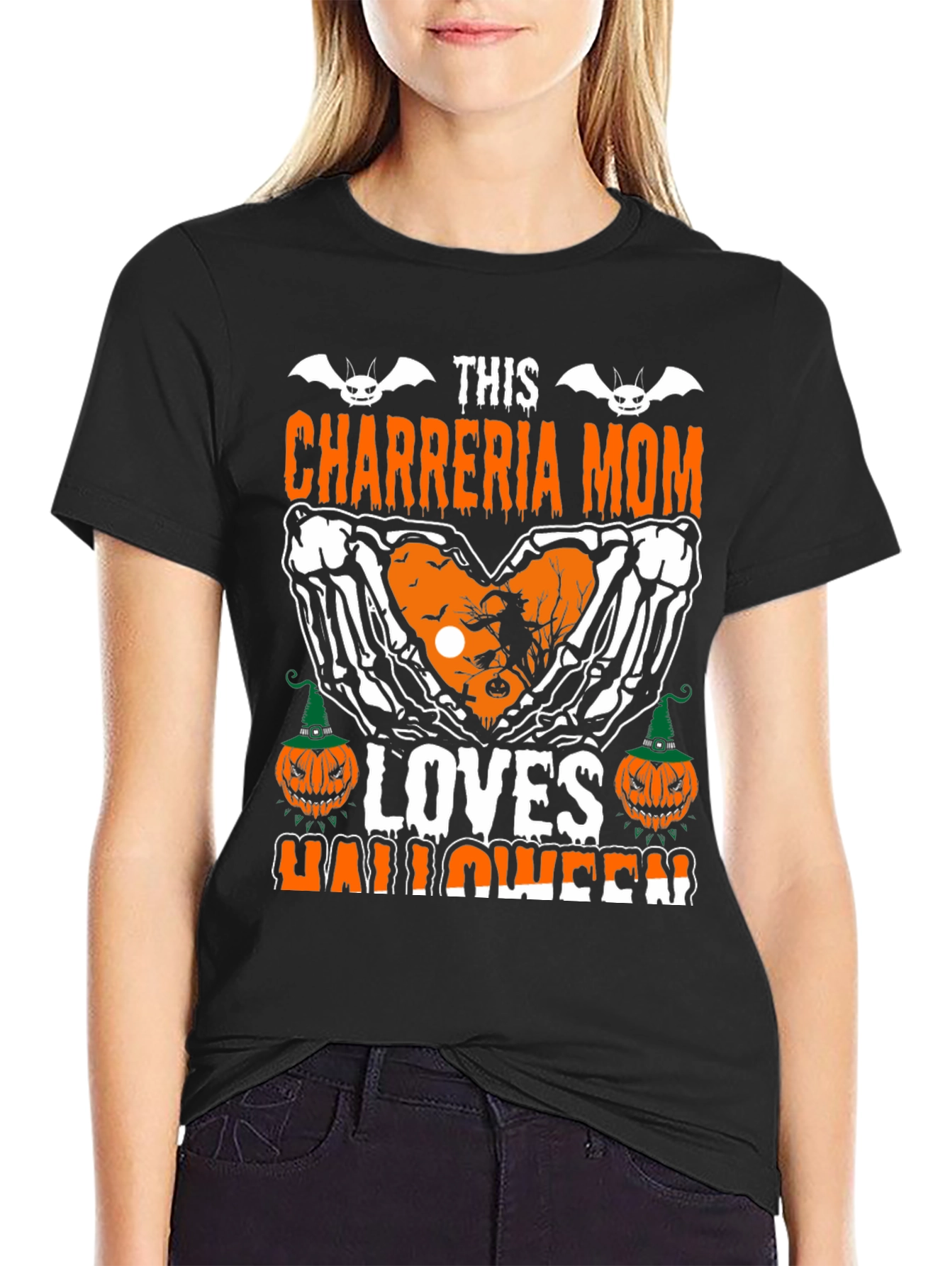Chareria Mom Halloween T-Shirt Skeleton Hands & Pumpkins Design