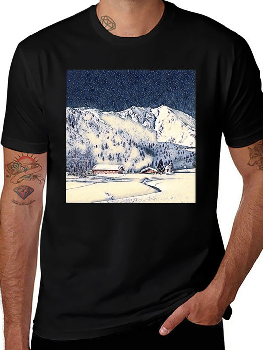 Snowy Mountain Scene Black T-Shirt