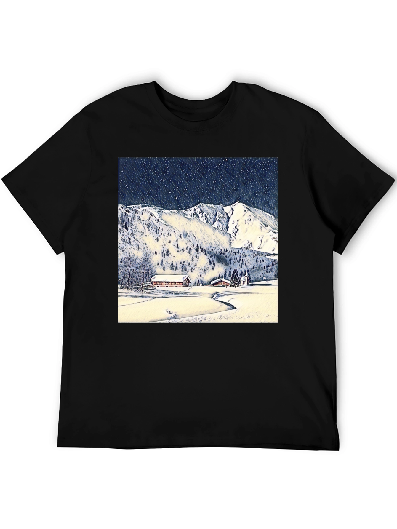 Snowy Mountain Scene Black T-Shirt