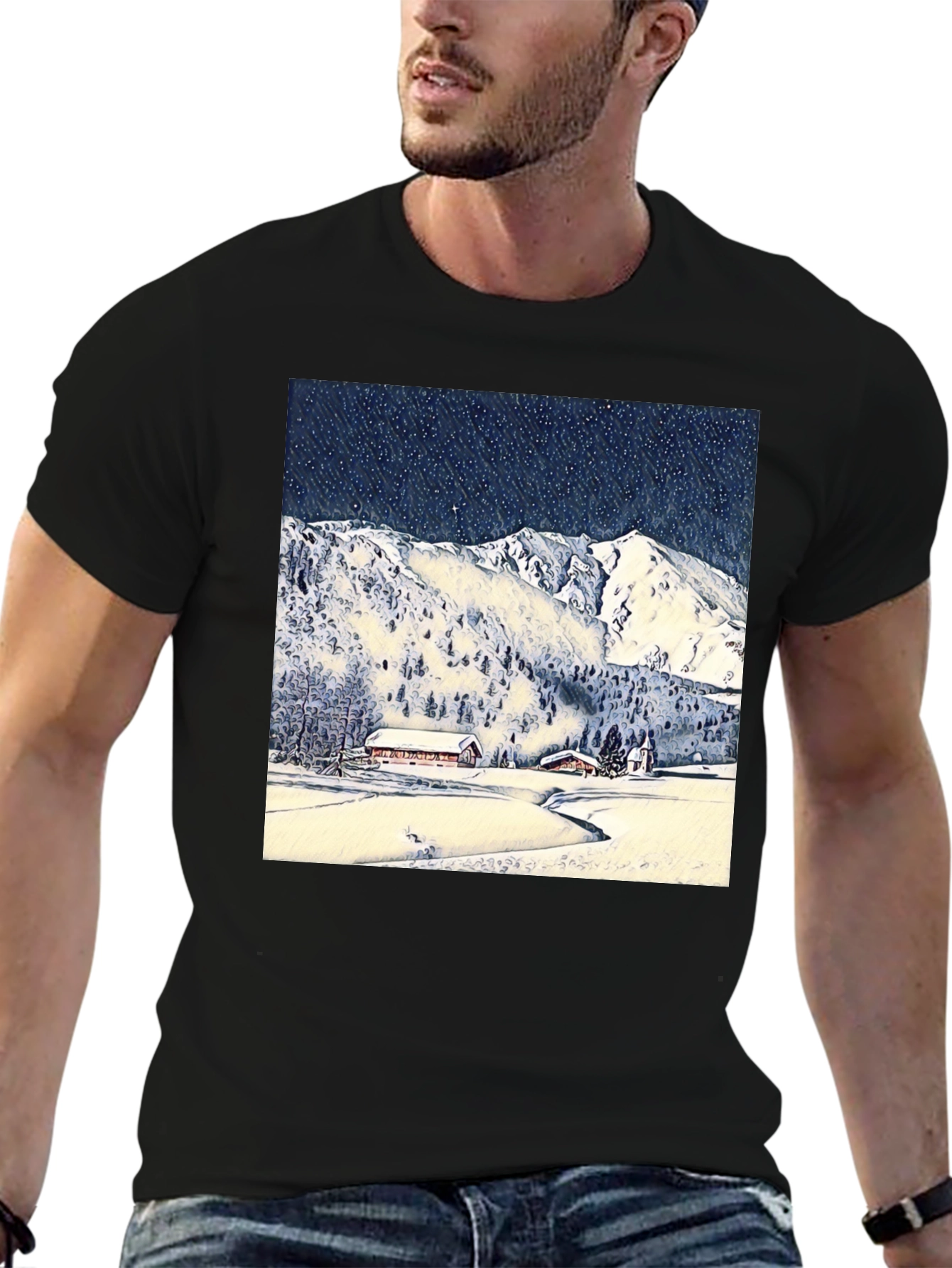 Snowy Mountain Scene Black T-Shirt