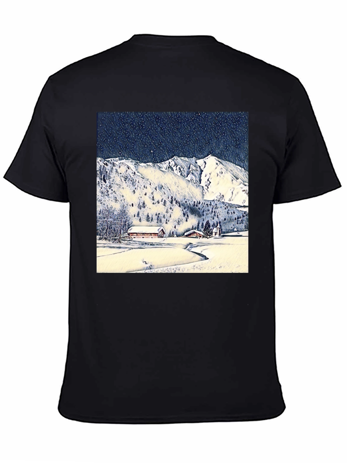 Snowy Mountain Scene Black T-Shirt