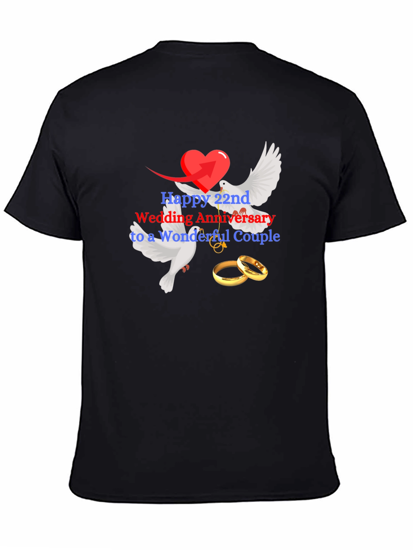 22nd Wedding Anniversary Dove & Rings Black Tee