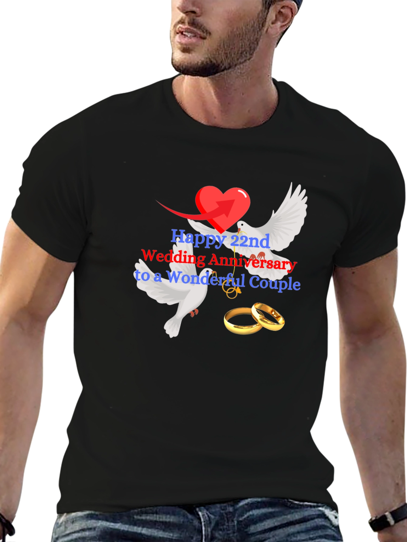 22nd Wedding Anniversary Dove & Rings Black Tee