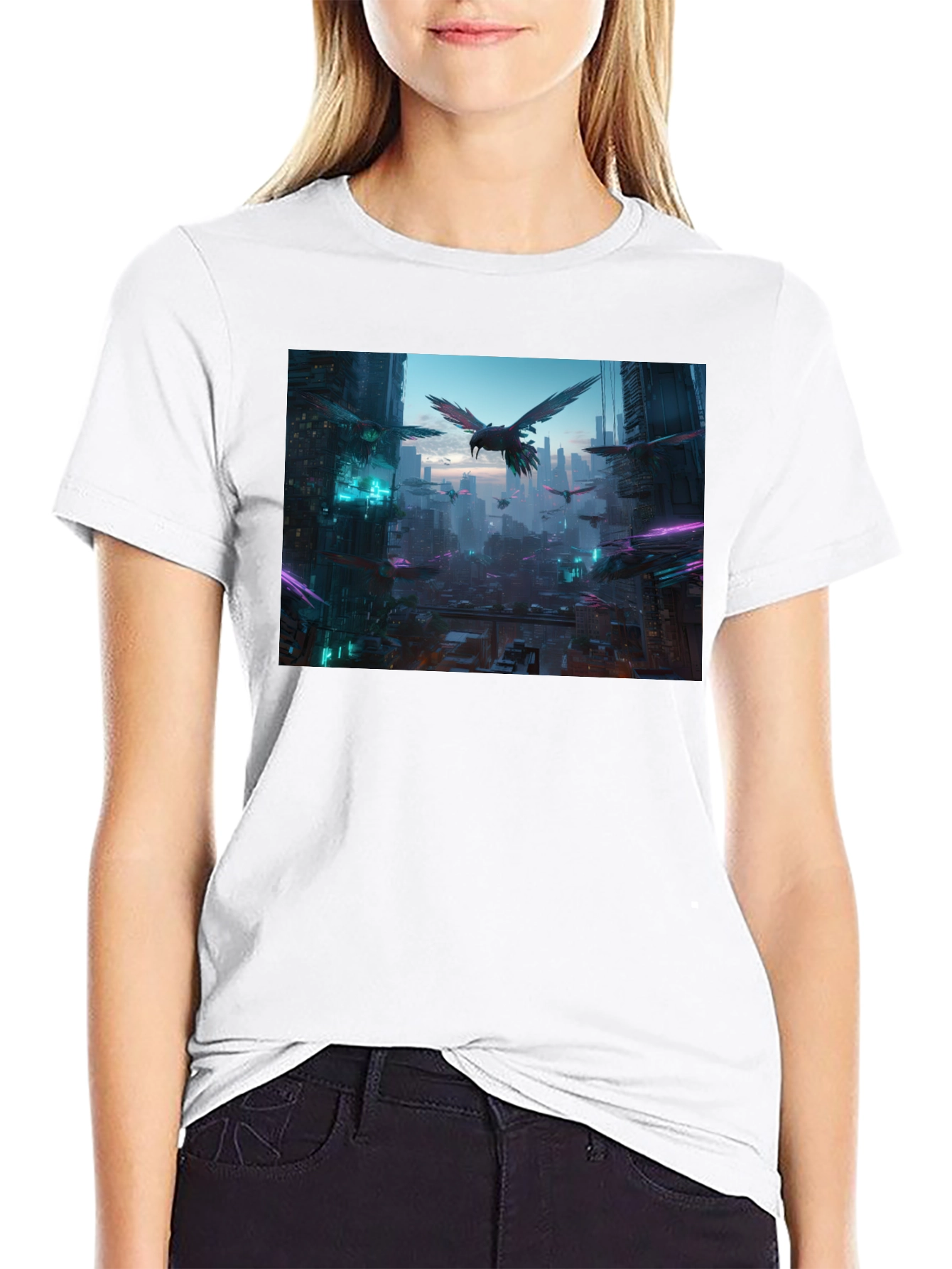 Cyberpunk Cityscape Raven Graphic Tee