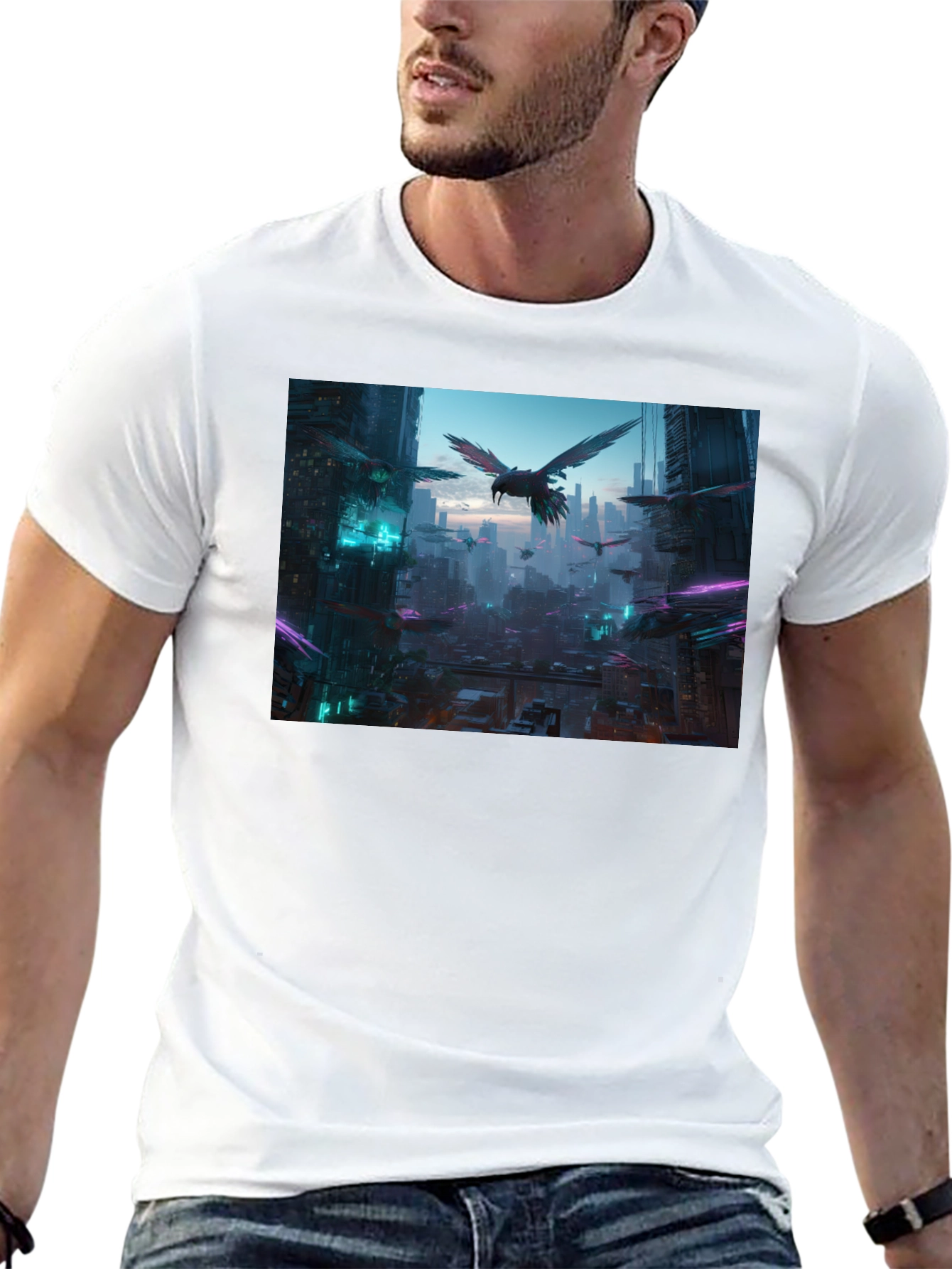 Cyberpunk Cityscape Raven Graphic Tee