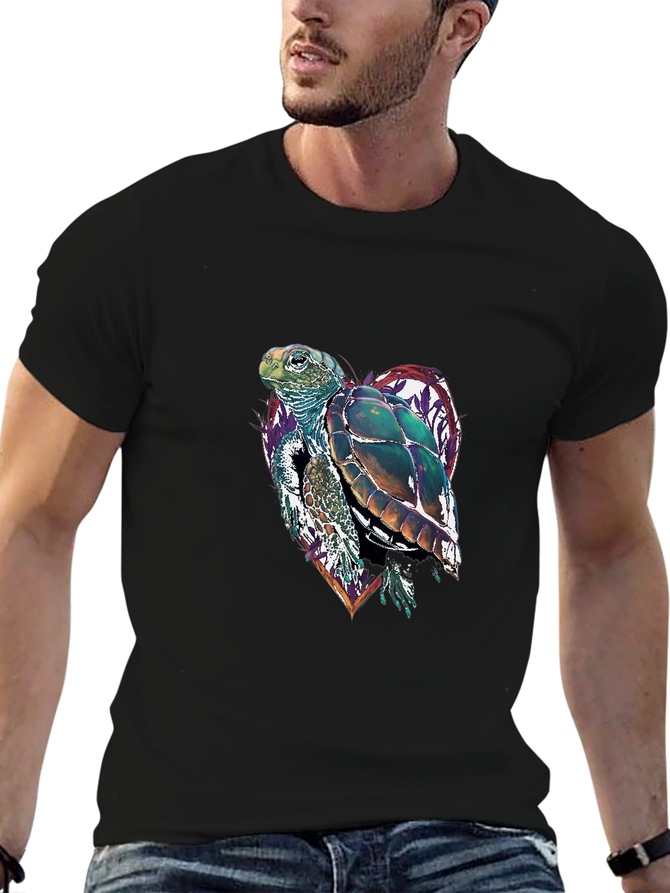 Sea Turtle Heart Graphic Tee - Black Cotton Blend