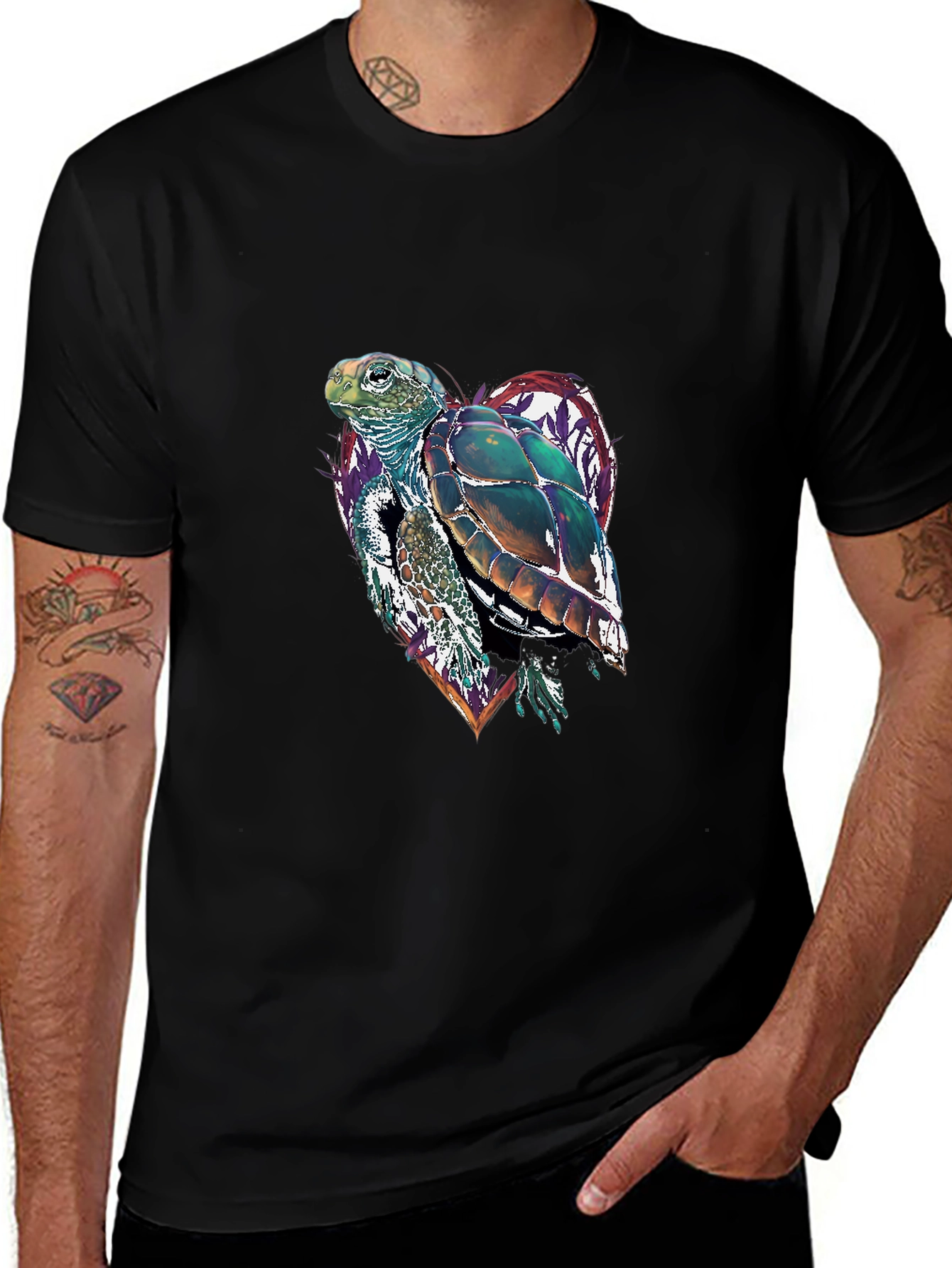 Sea Turtle Heart Graphic Tee - Black Cotton Blend