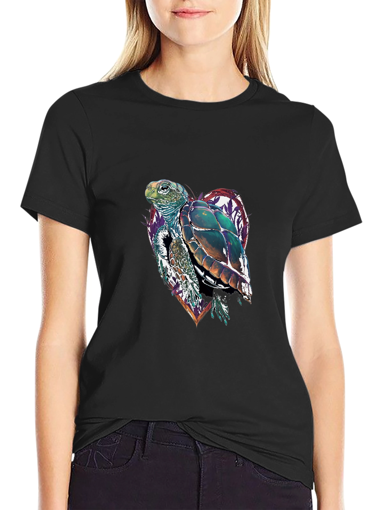Sea Turtle Heart Graphic Tee - Black Cotton Blend