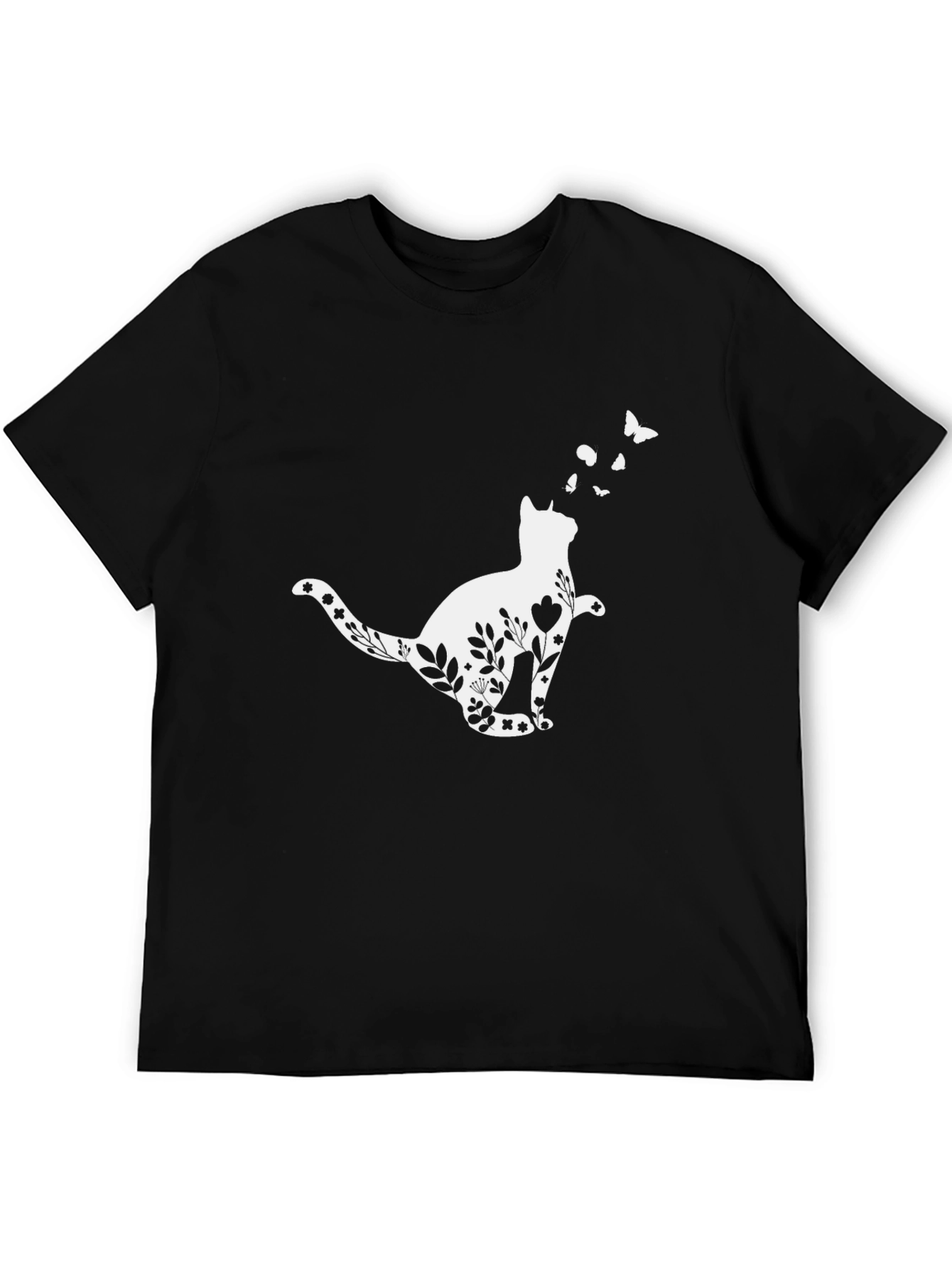 Floral Cat T-Shirt - Whimsical Black Tee