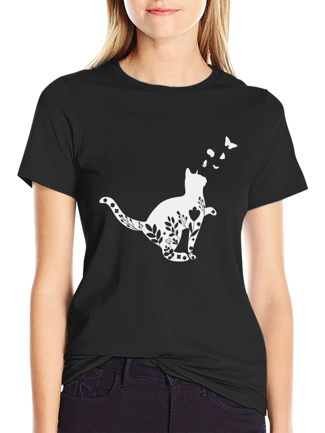 Floral Cat T-Shirt - Whimsical Black Tee