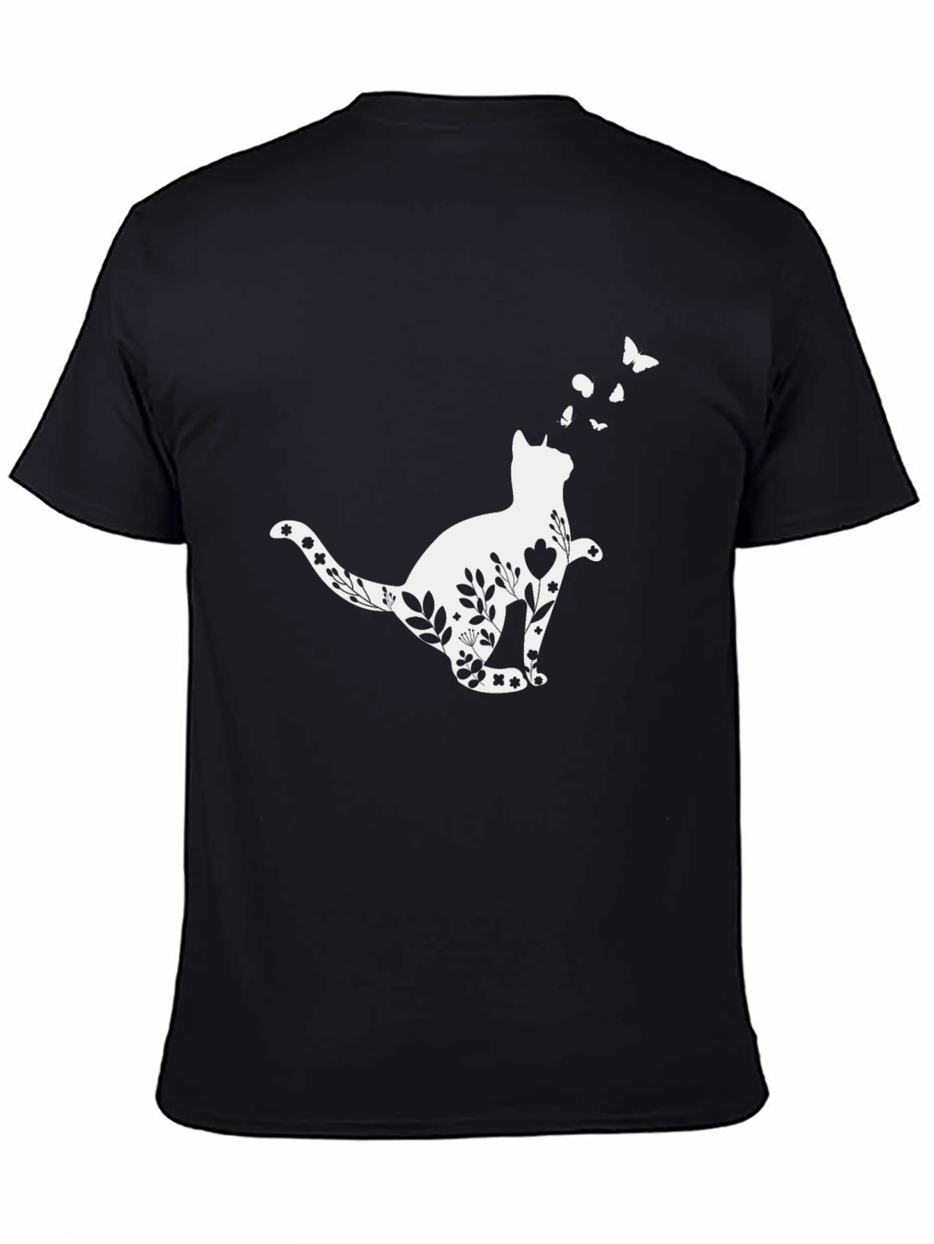 Floral Cat T-Shirt - Whimsical Black Tee
