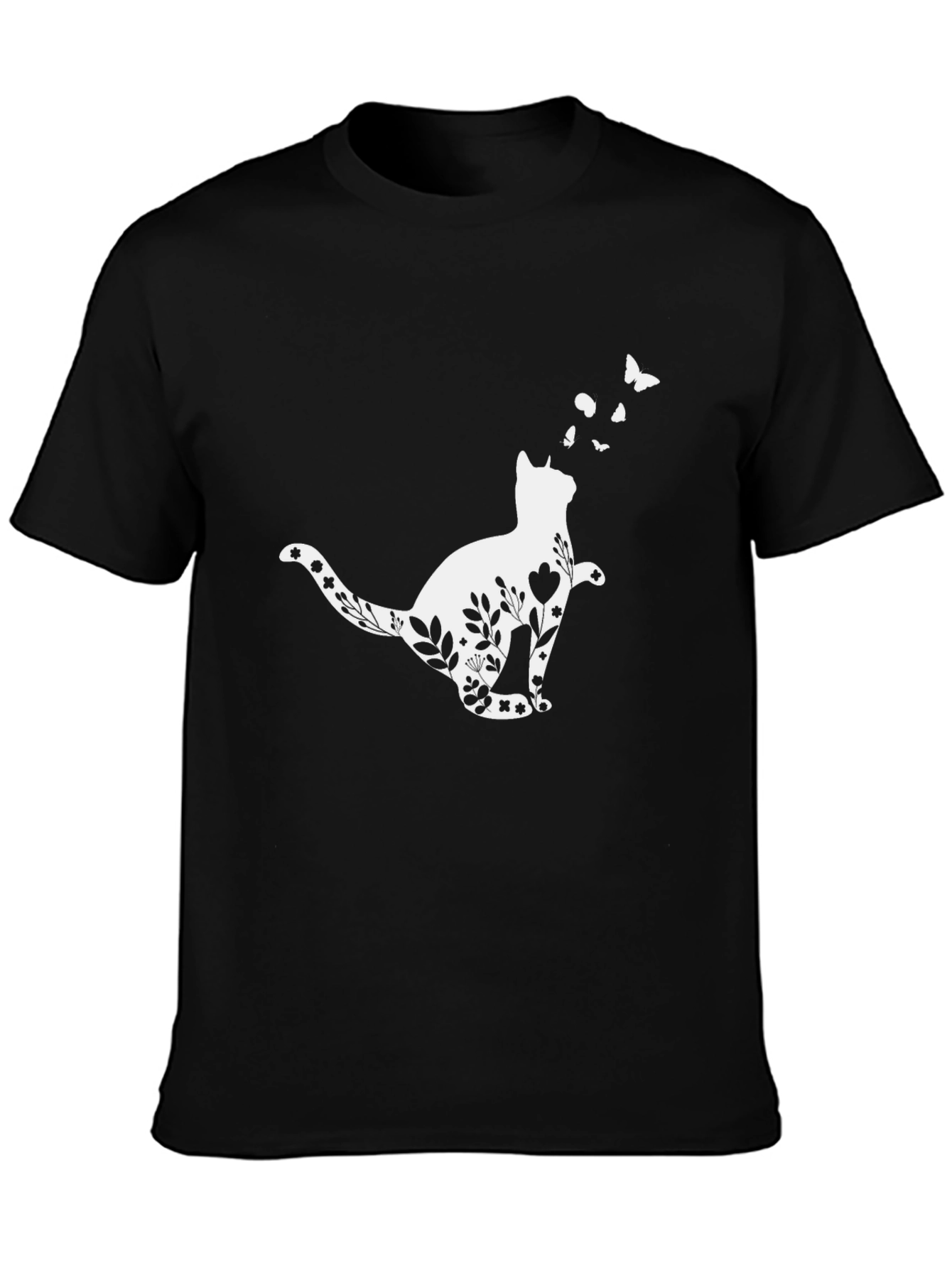 Floral Cat T-Shirt - Whimsical Black Tee