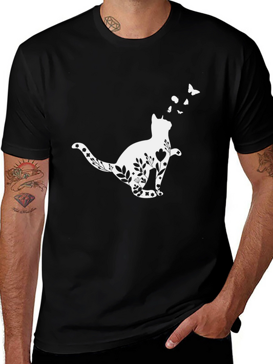 Floral Cat T-Shirt - Whimsical Black Tee