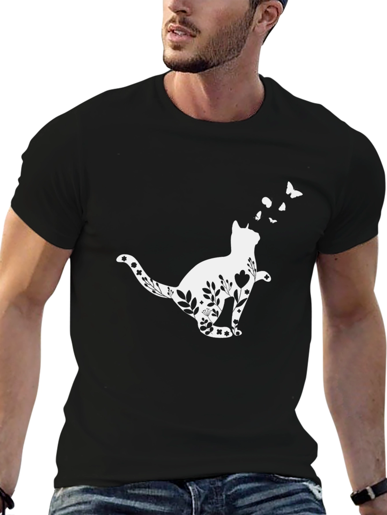 Floral Cat T-Shirt - Whimsical Black Tee