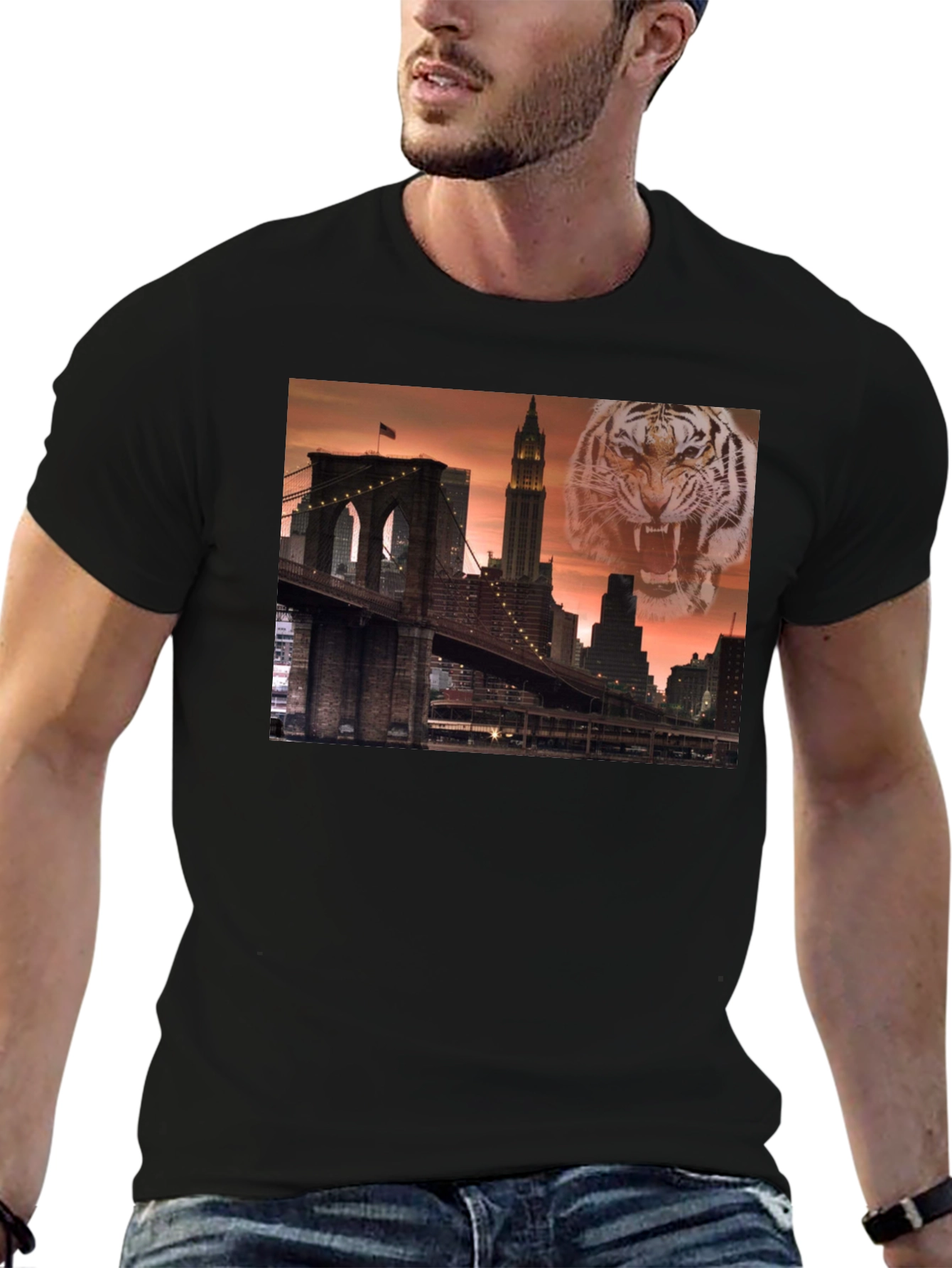 Brooklyn Bridge & Tiger Graphic Black T-Shirt