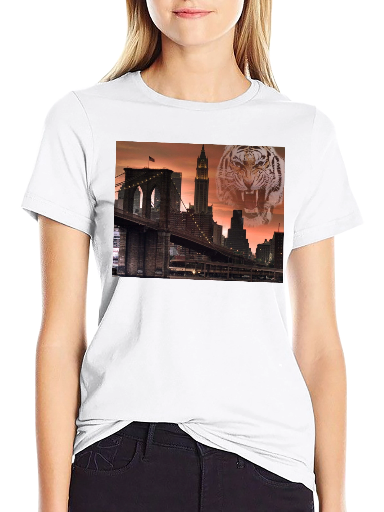 Brooklyn Bridge & Tiger Graphic Black T-Shirt