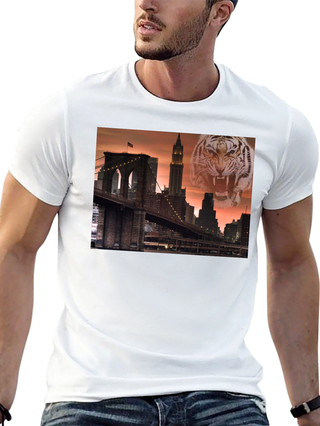 Brooklyn Bridge & Tiger Graphic Black T-Shirt