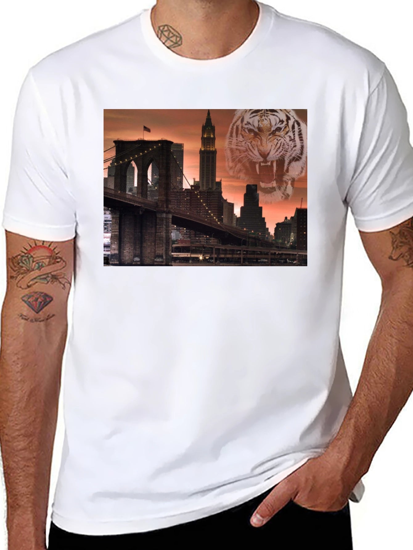 Brooklyn Bridge & Tiger Graphic Black T-Shirt