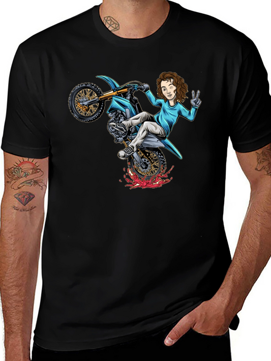 Motorcycle Girl Graphic Tee - Black Cotton Shirt