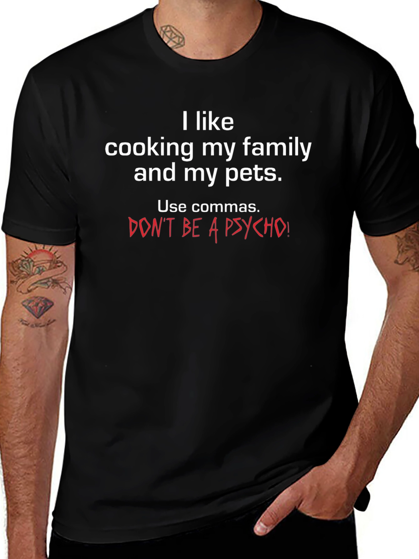 Funny Grammar T-Shirt: I Like Cooking Family and Pets