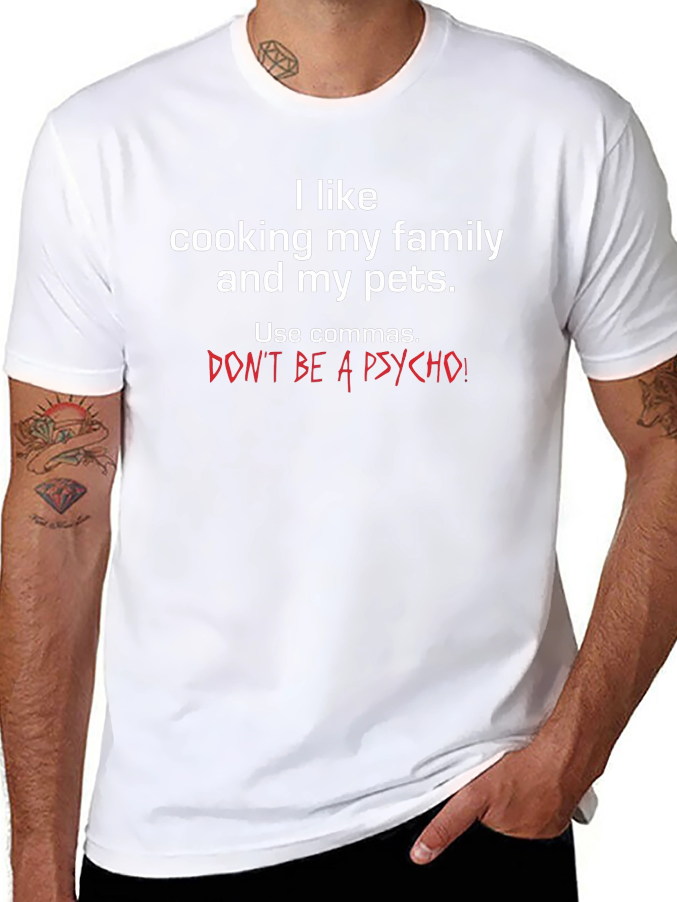Funny Grammar T-Shirt: I Like Cooking Family and Pets