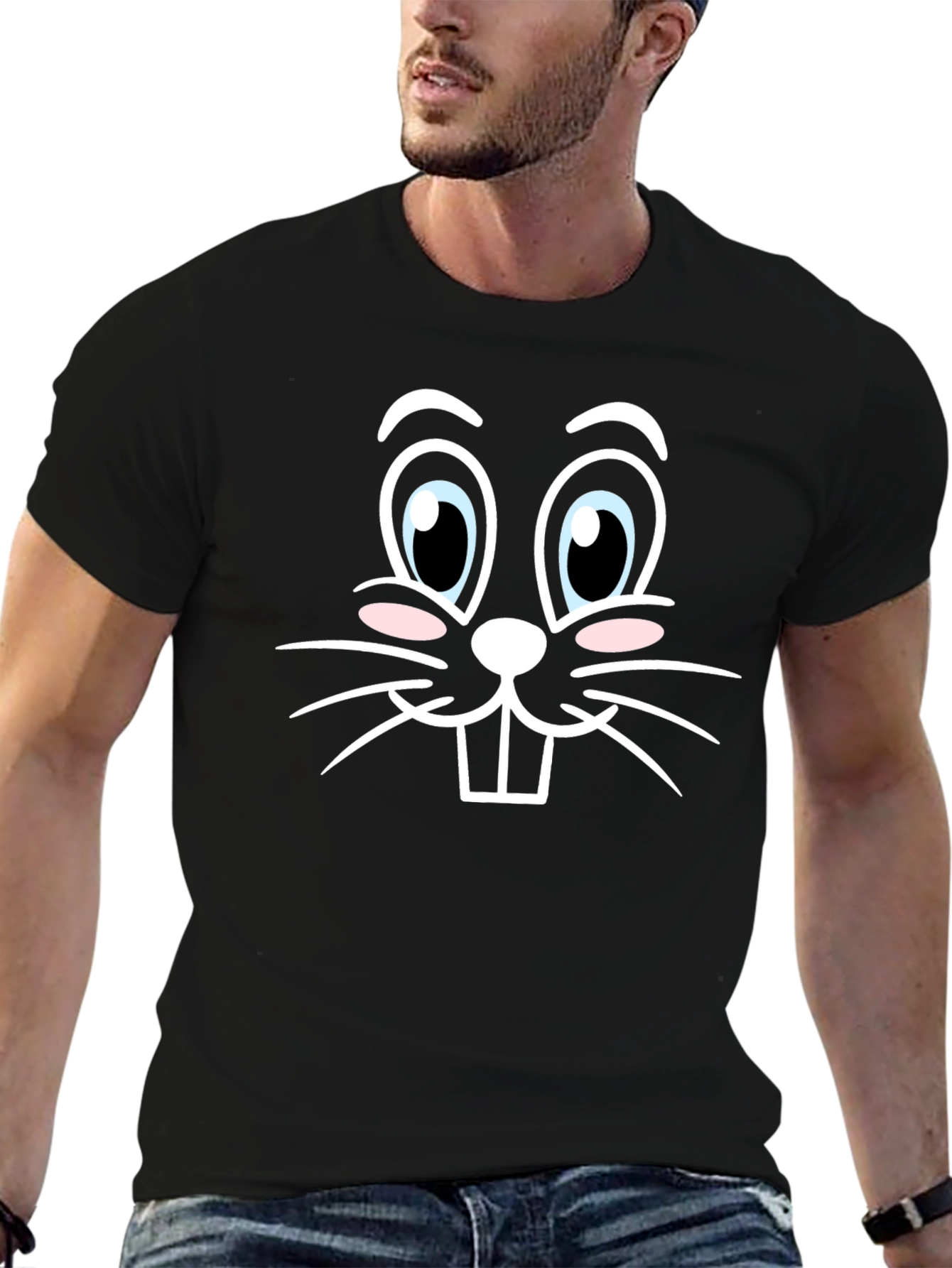 Cute Bunny Face Graphic Tee - Black Cotton T-Shirt