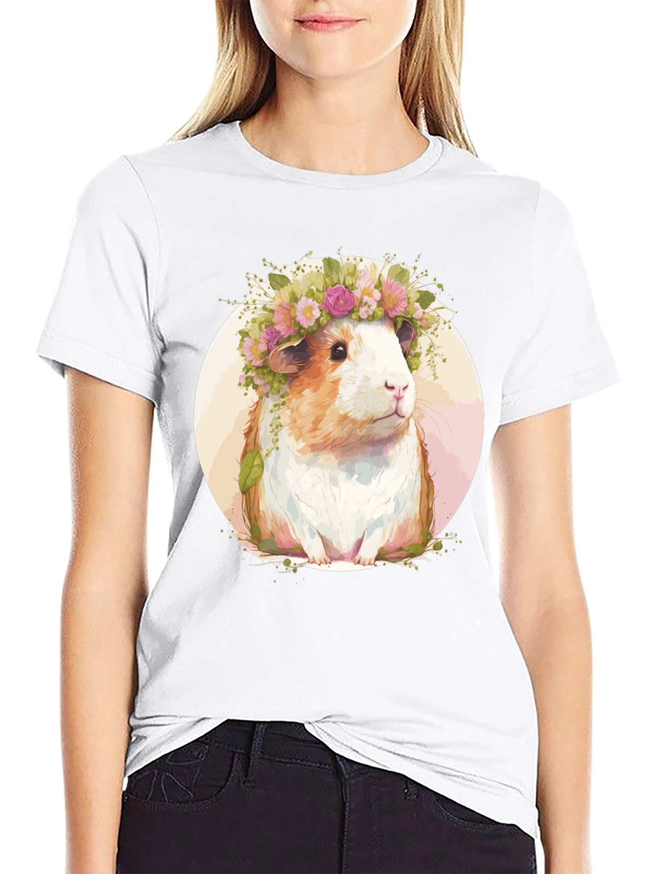 Guinea Pig Floral Crown Black T-Shirt