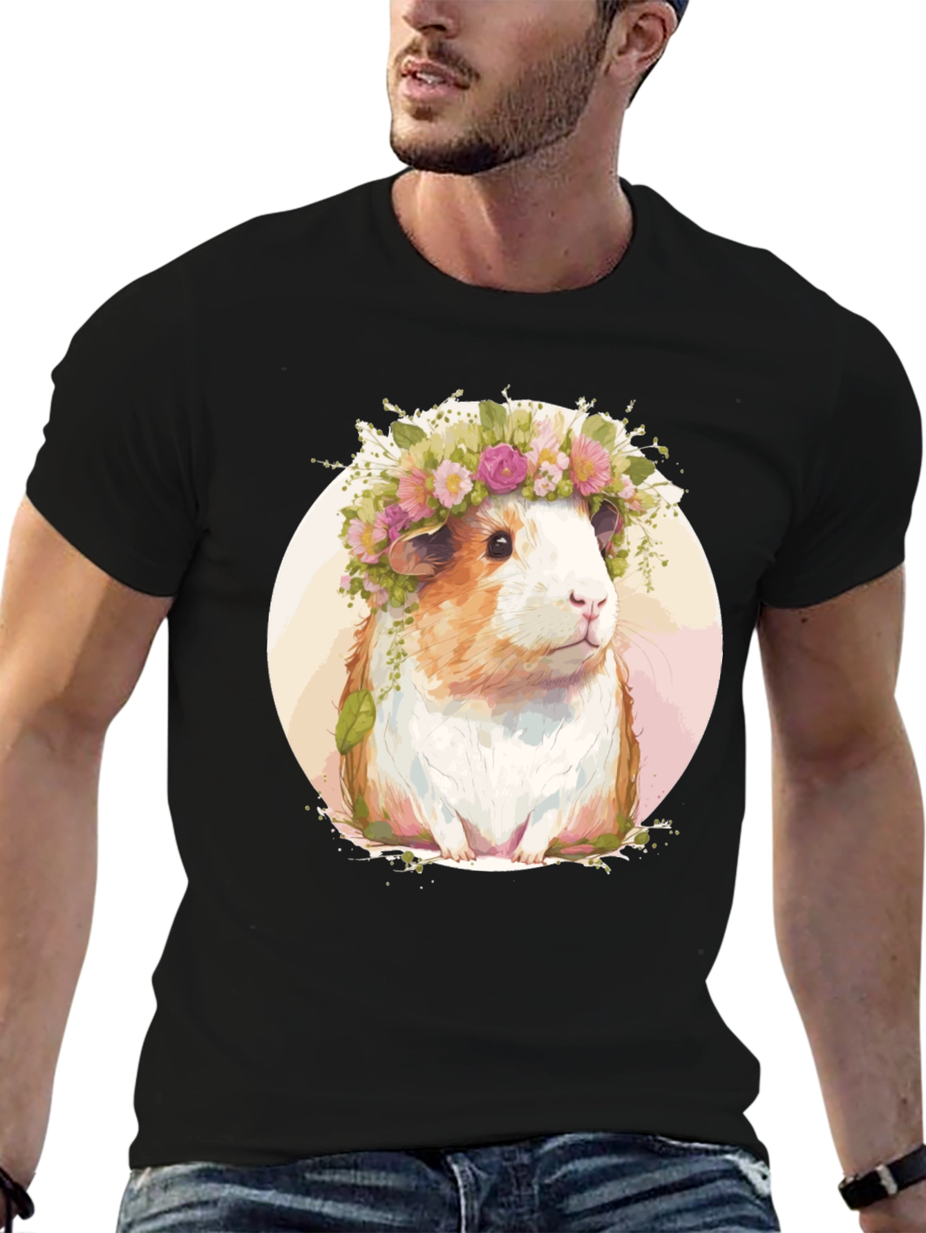 Guinea Pig Floral Crown Black T-Shirt