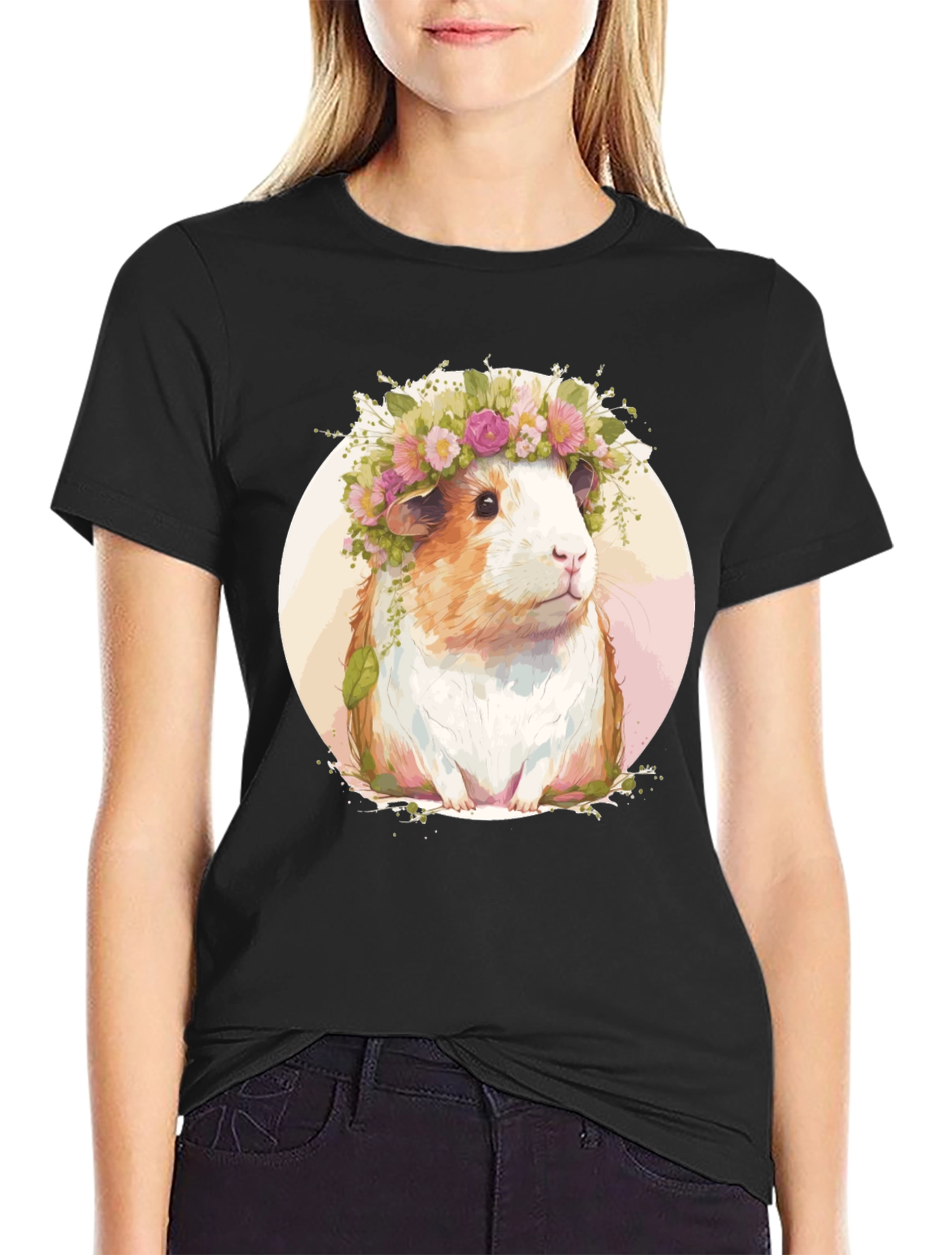 Guinea Pig Floral Crown Black T-Shirt
