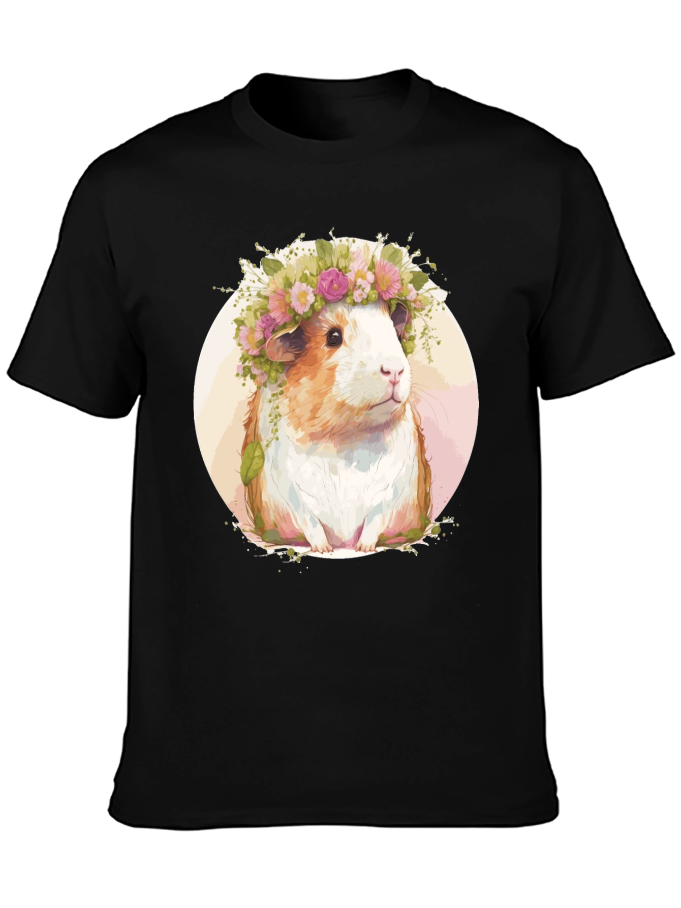 Guinea Pig Floral Crown Black T-Shirt