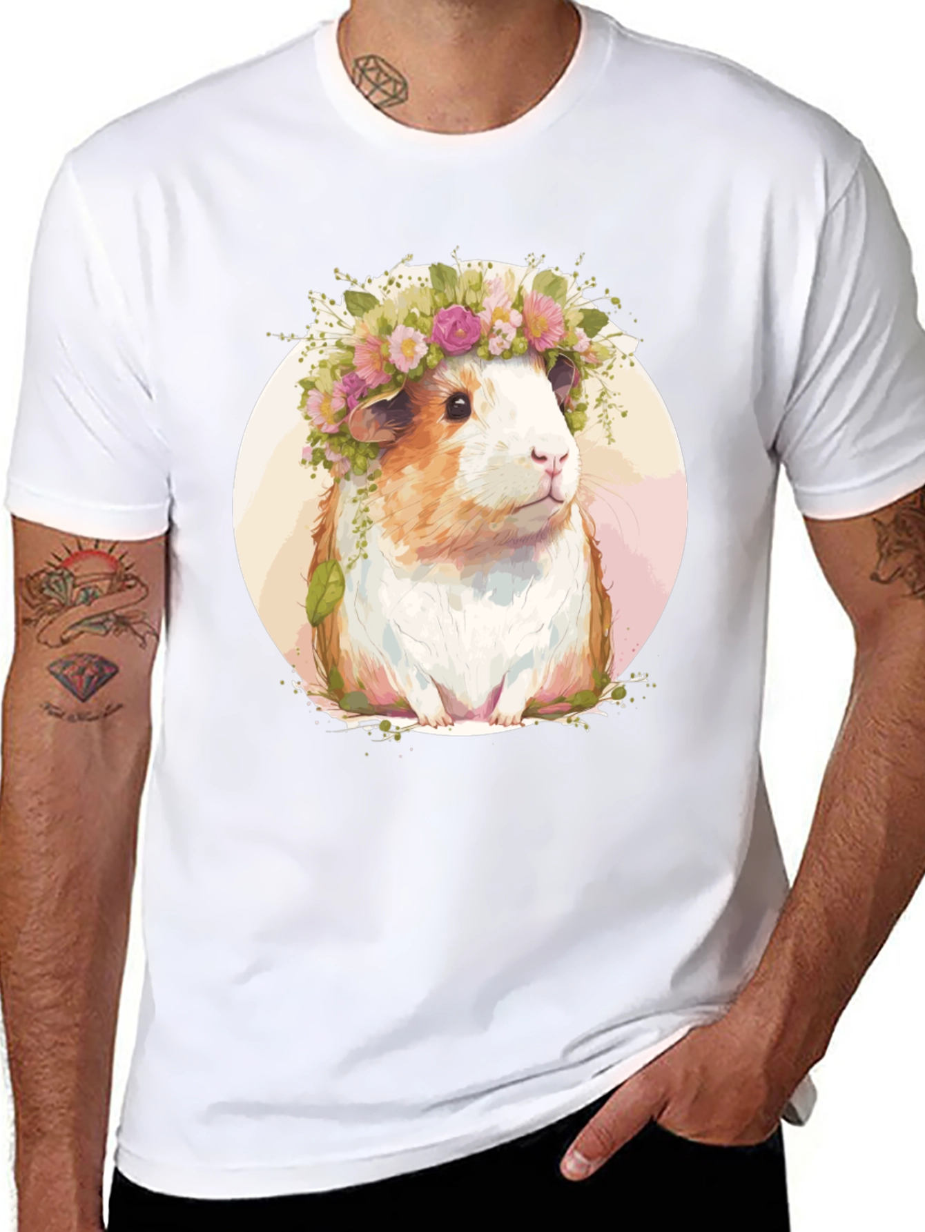 Guinea Pig Floral Crown Black T-Shirt