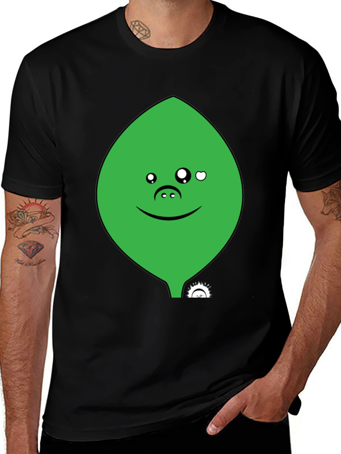Cute Green Leaf Face Black T-Shirt