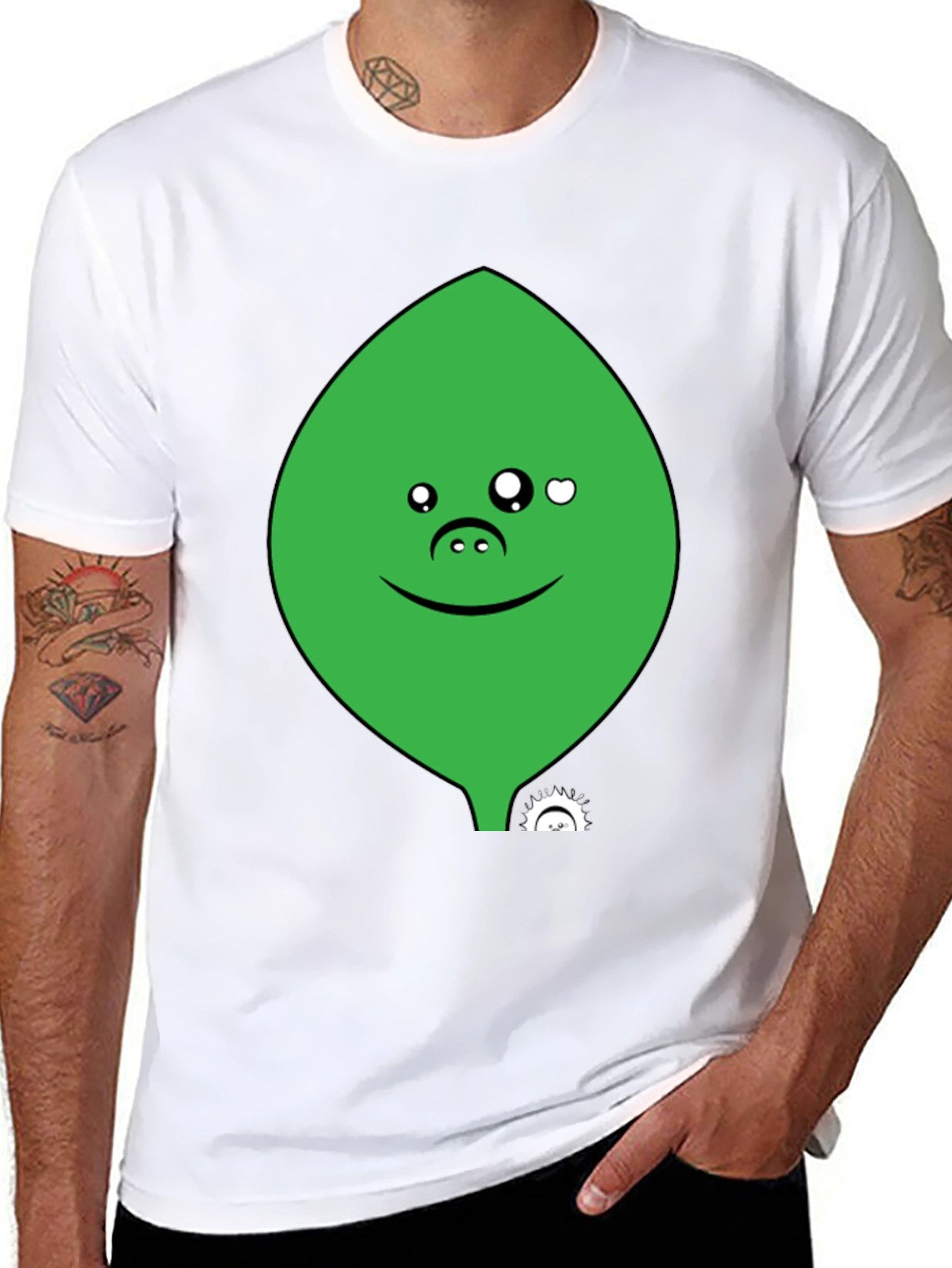 Cute Green Leaf Face Black T-Shirt