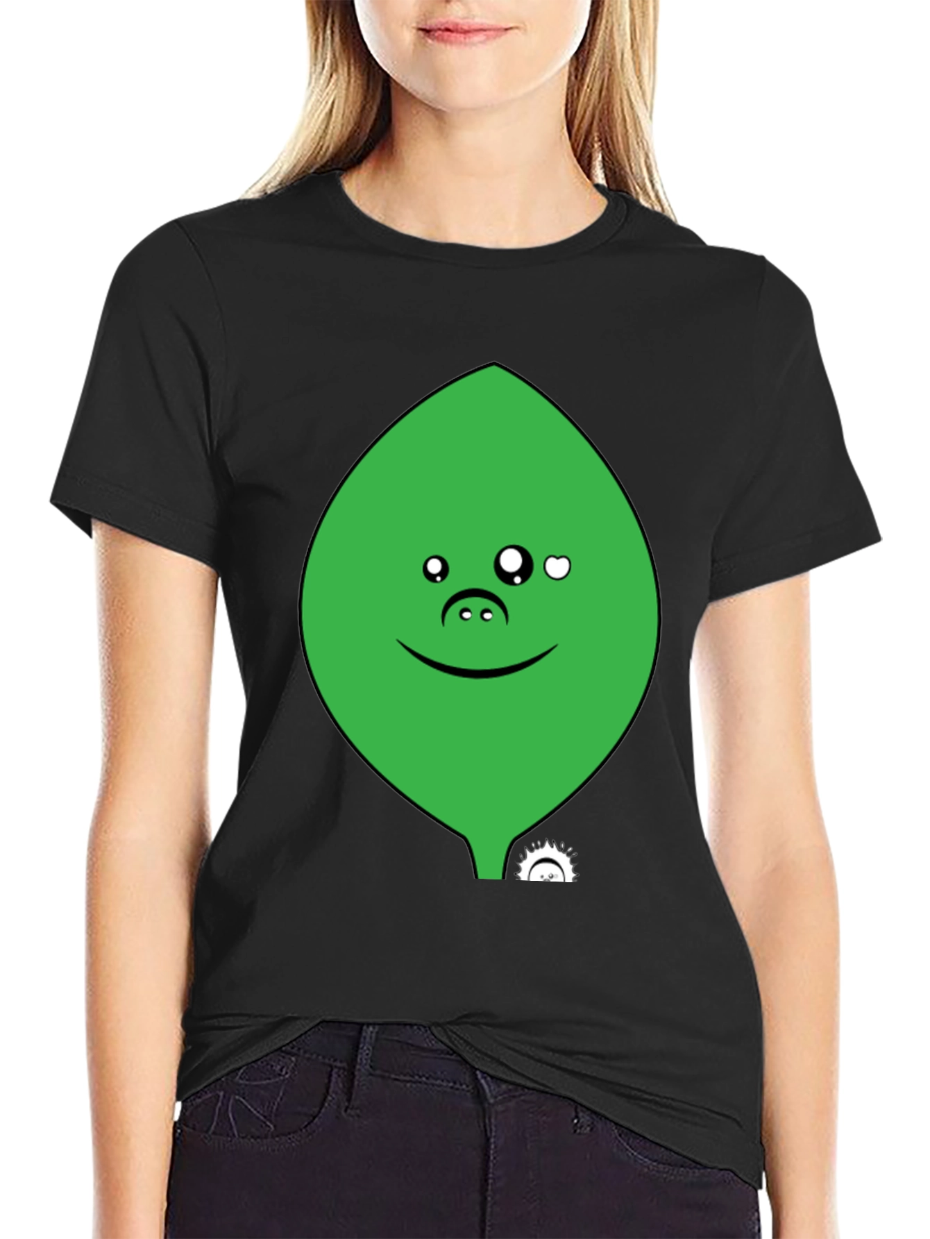 Cute Green Leaf Face Black T-Shirt