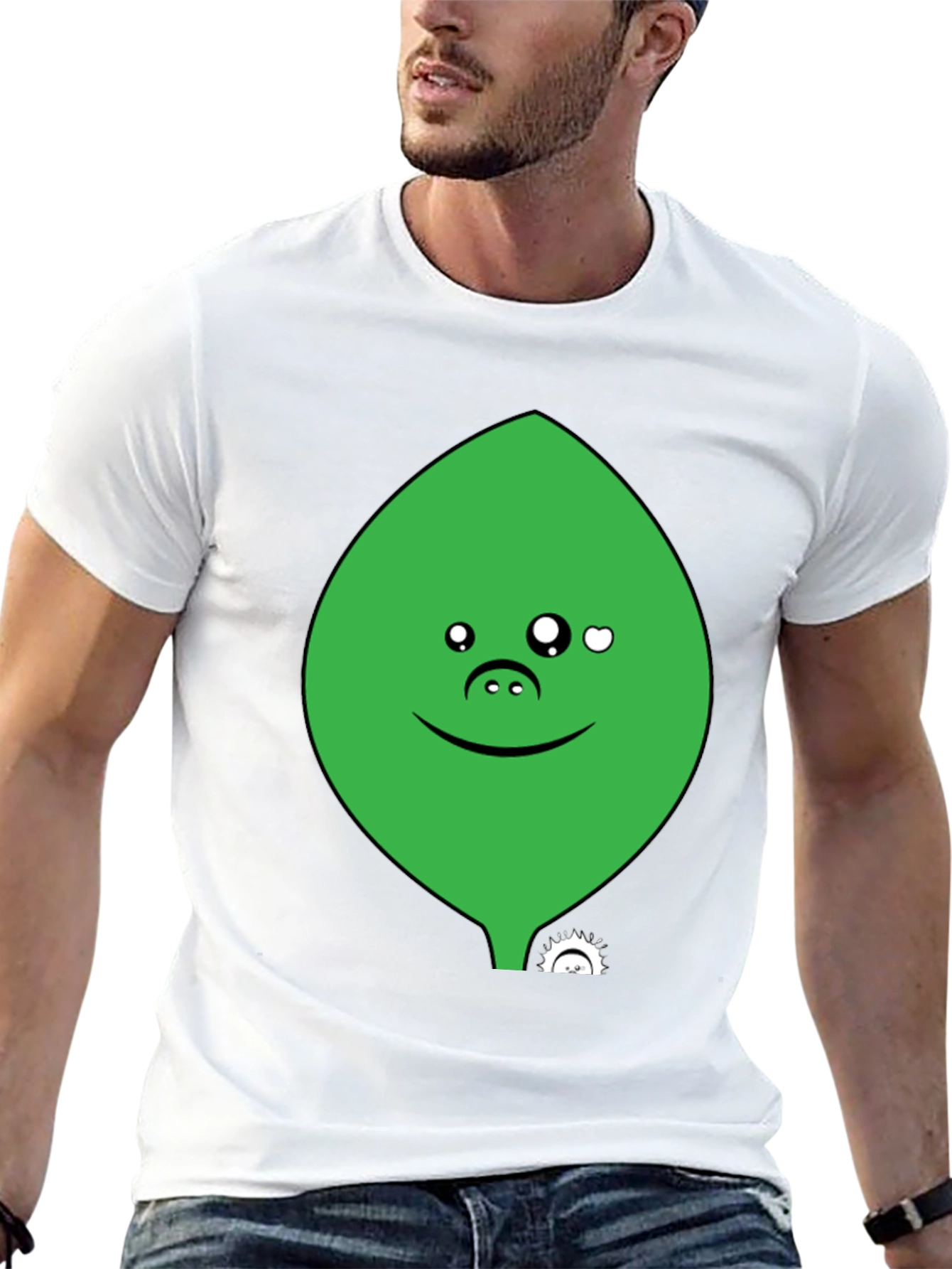 Cute Green Leaf Face Black T-Shirt