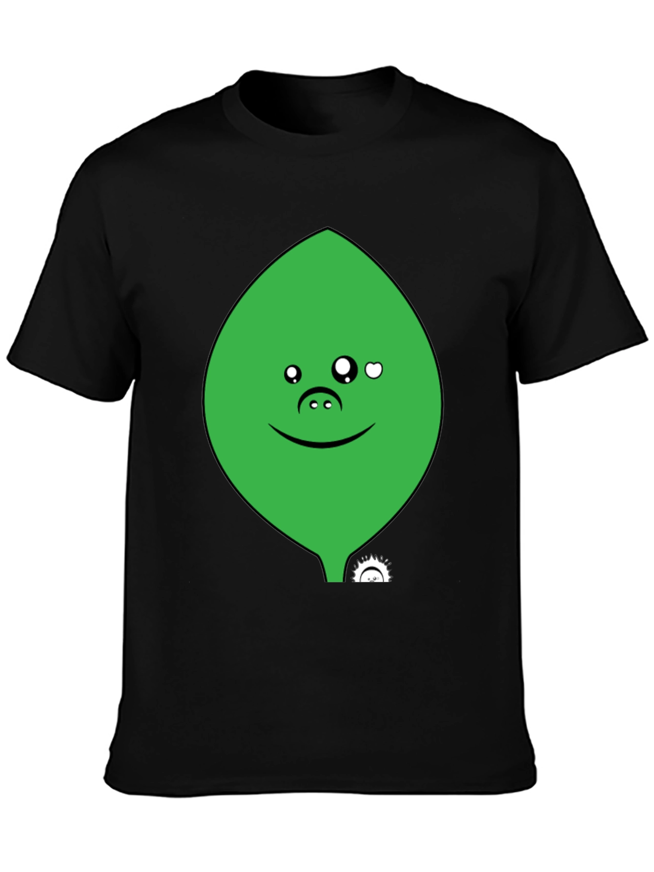 Cute Green Leaf Face Black T-Shirt