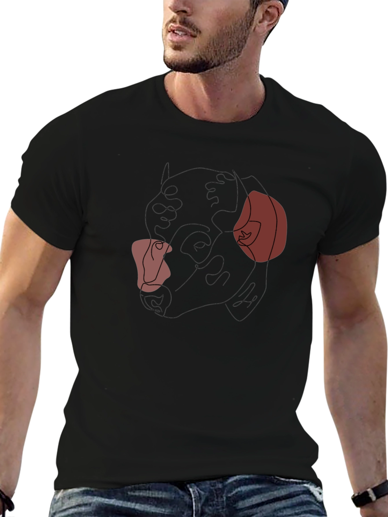 Abstract Bulldog Line Art Black T-Shirt