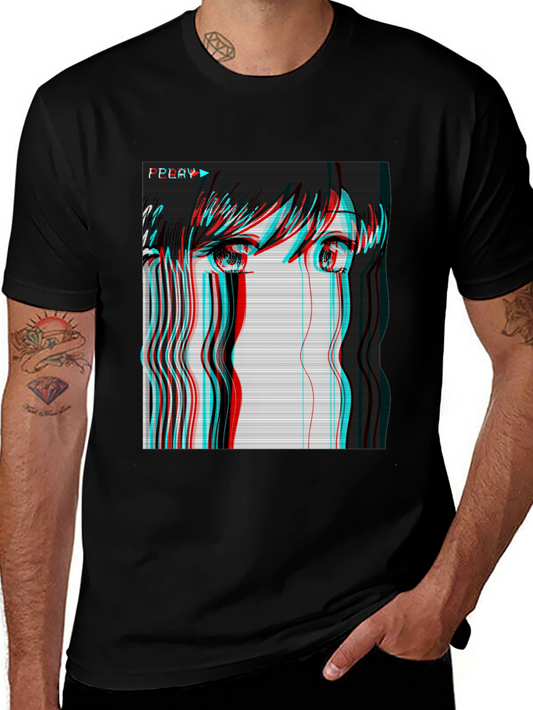 Anime Girl Glitch Black T-Shirt
