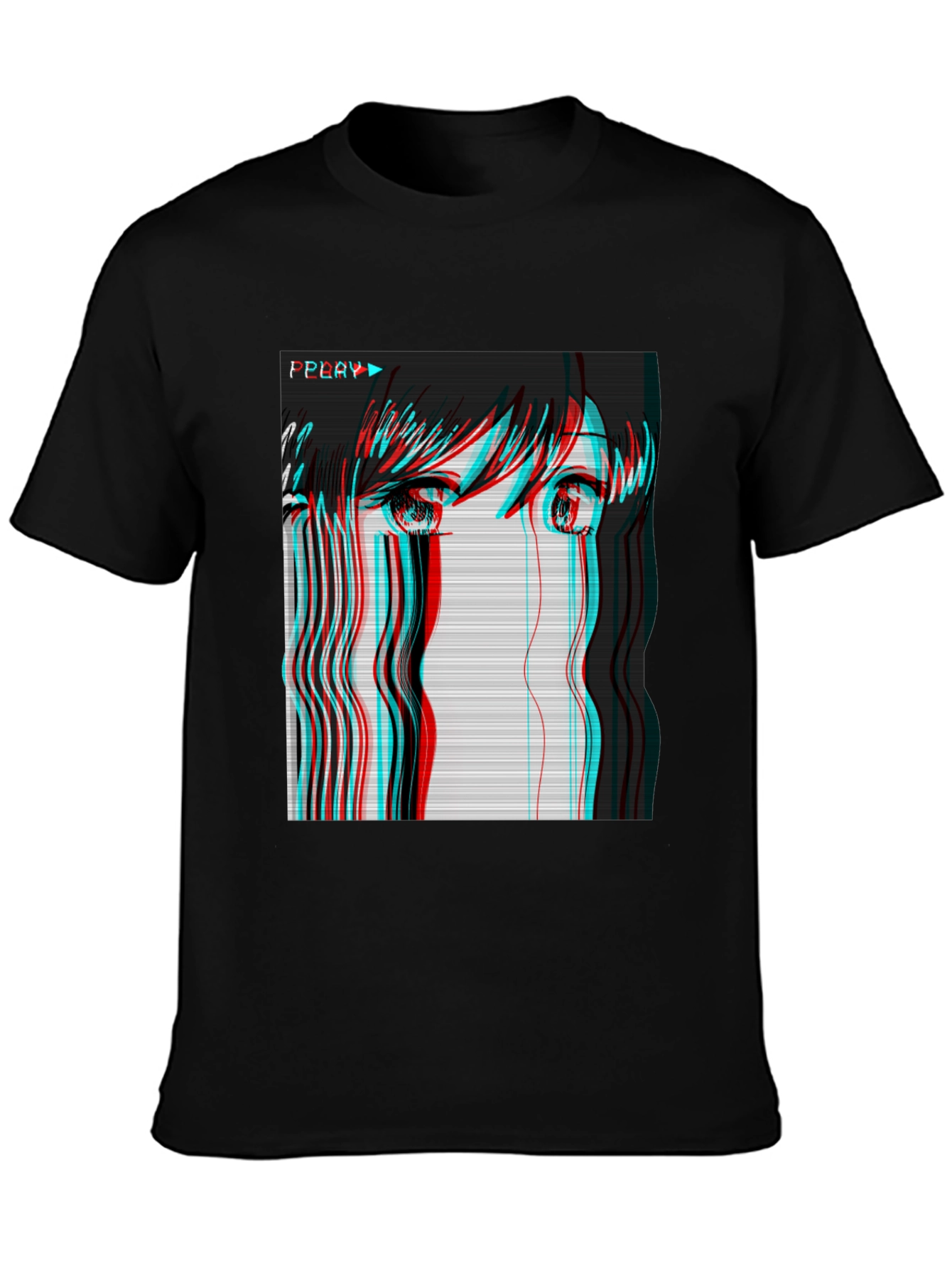 Anime Girl Glitch Black T-Shirt