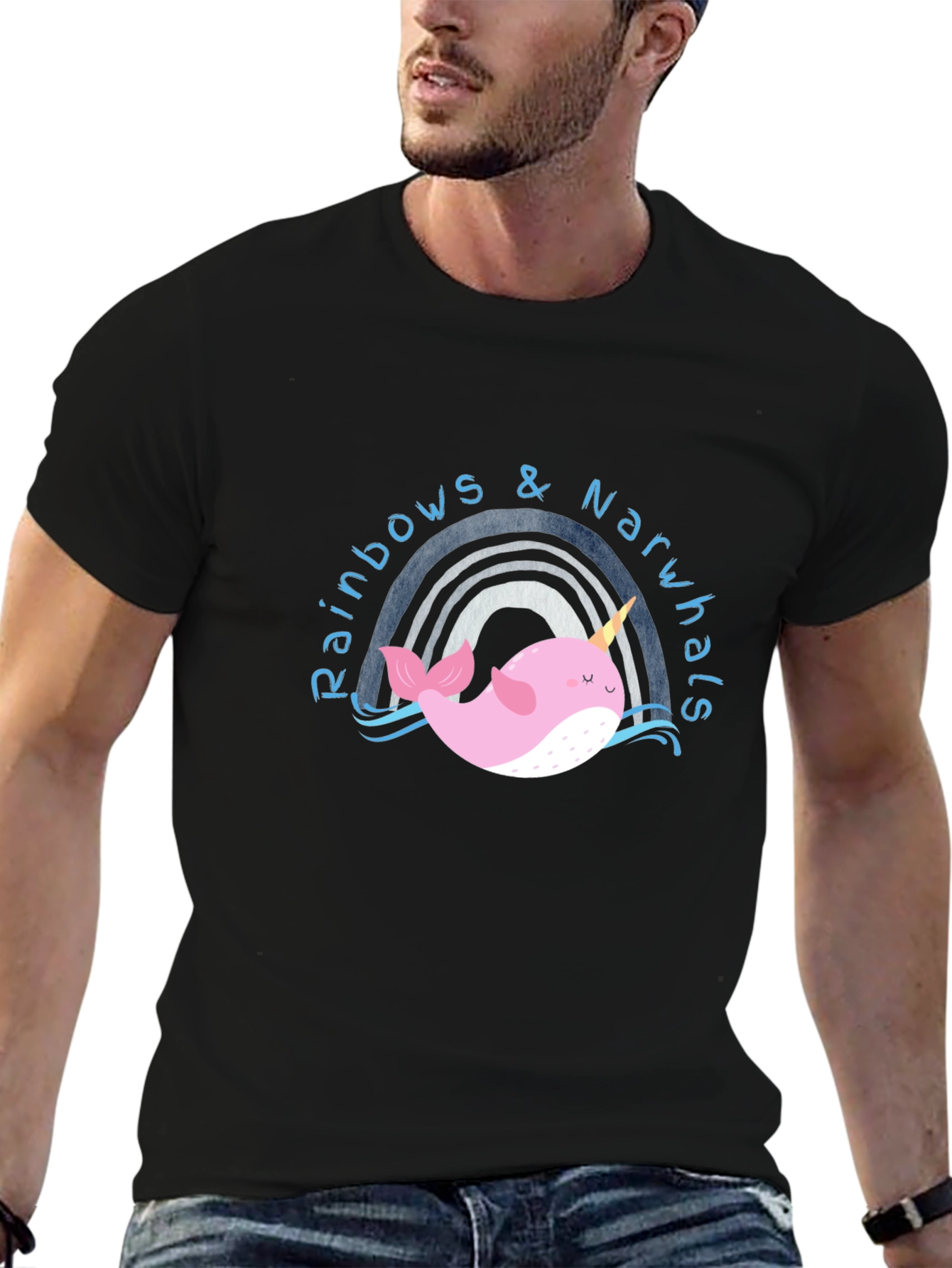 Rainbows & Narwhals Graphic Tee - Black Cotton Blend
