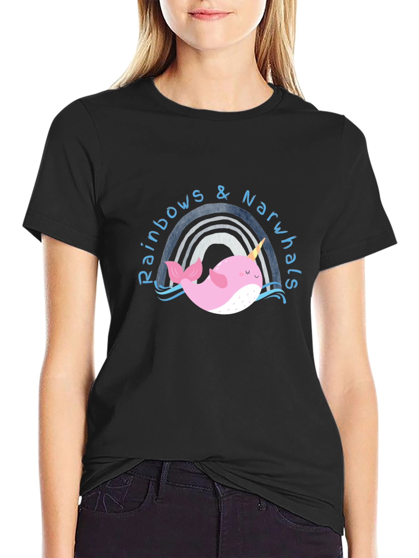 Rainbows & Narwhals Graphic Tee - Black Cotton Blend