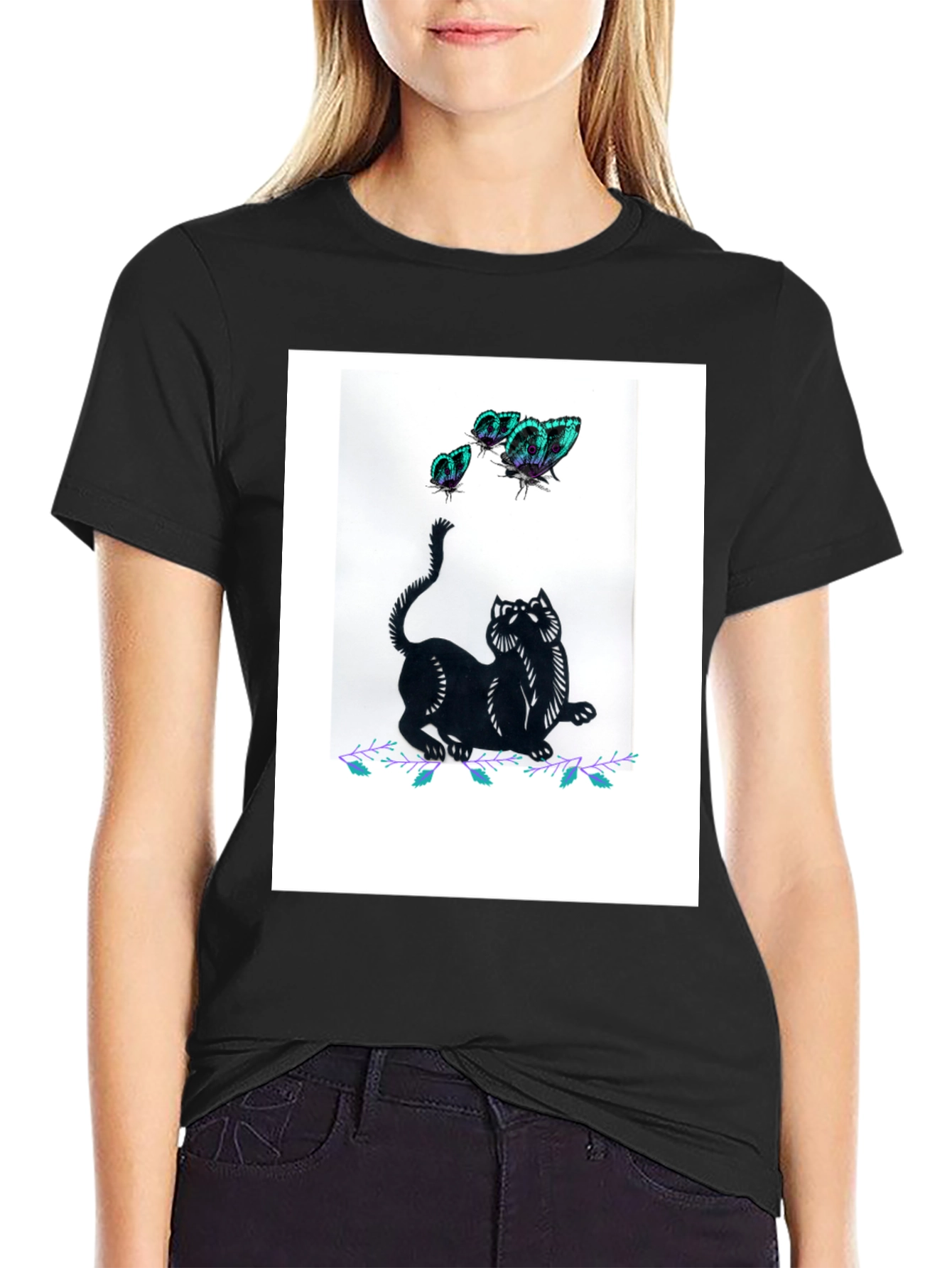 Black Cat & Butterfly Graphic Tee